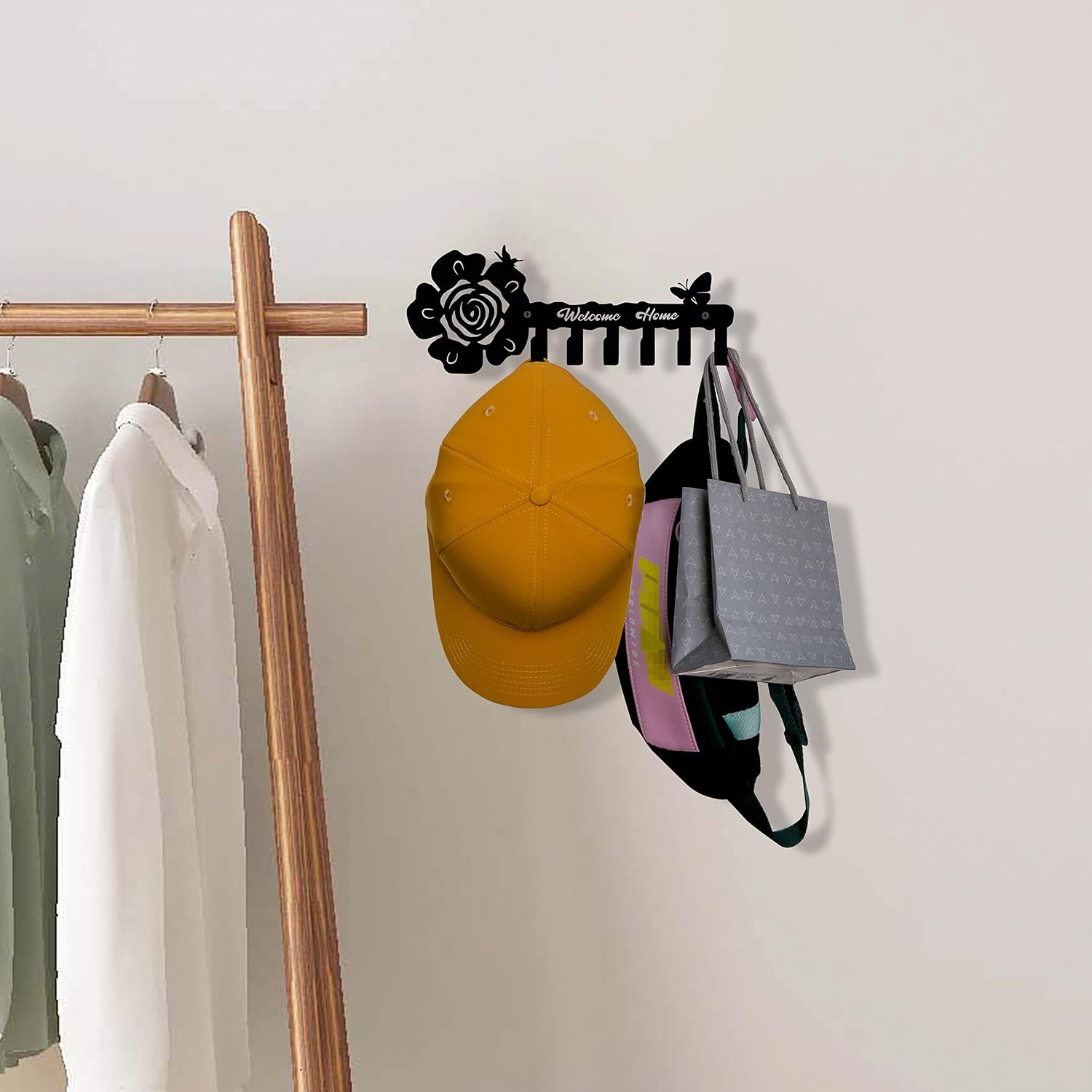 UNCLEPINK Key Hooks Rack for Wall, Black Metal Keys Holder Hanger, Decorative Welcome Home Sign Key Hanging for Hallway, Front Door, Entryway, Office 6 Hooks