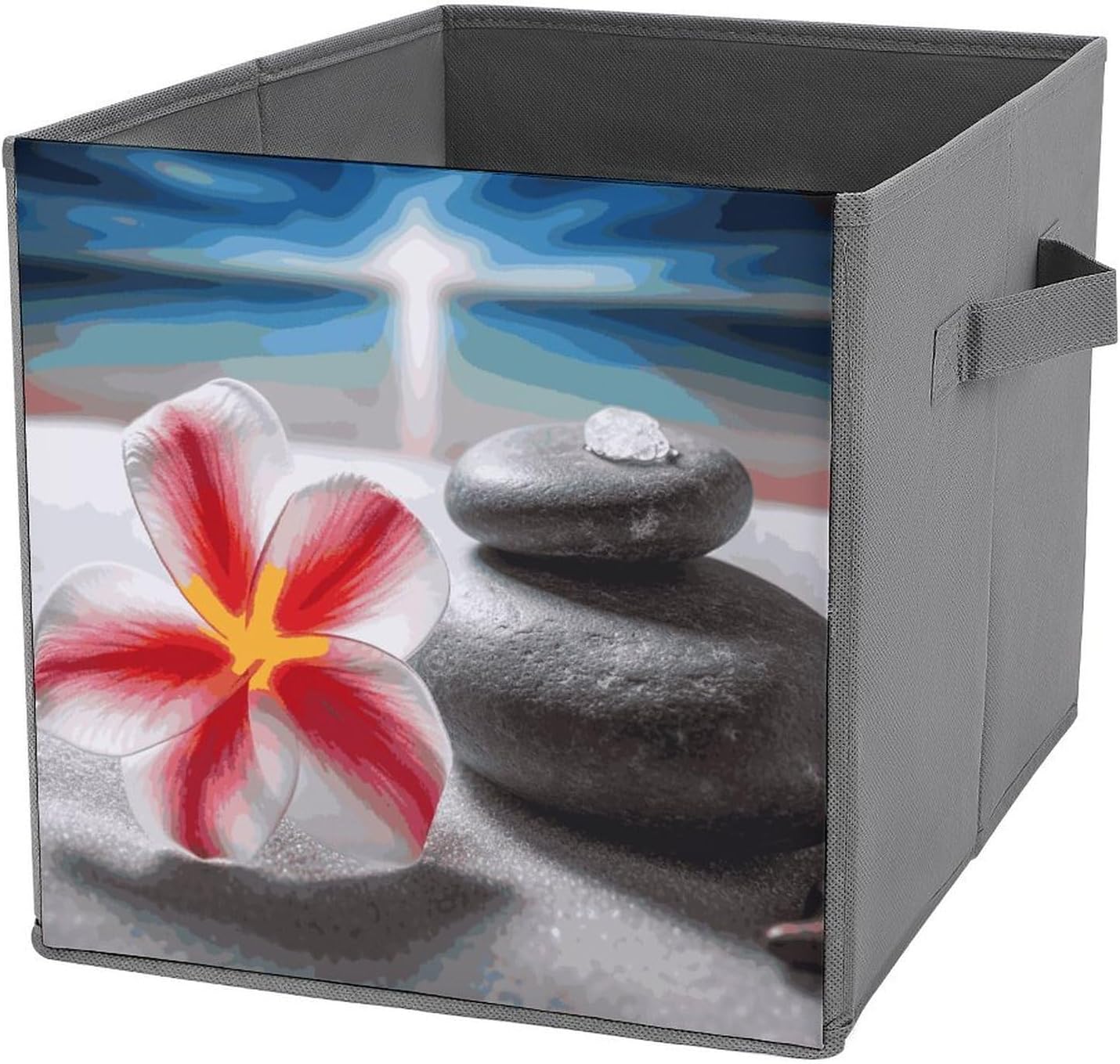 Folding Storage Bins Oxford Fabric Clothes Storage Boxes with Handles | Tropical Flower And Zen Stone Cube Organizer, Easy to Store, Multi Functional Cube Storage Organizer for Office Bedroom