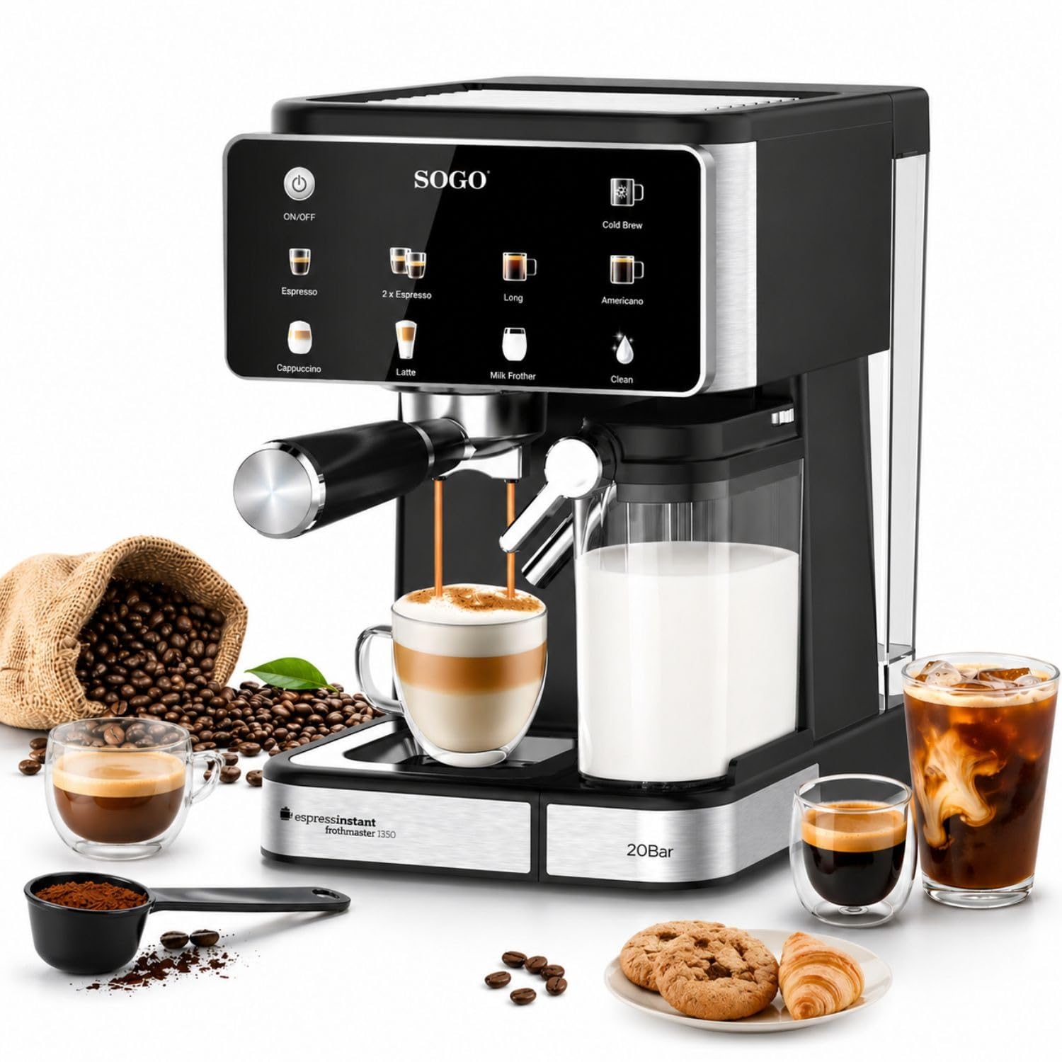 SOGO Cafetera Espresso 4 en 1 con Espumador de Leche y Panel Táctil – 20 Bar, Compatible Nespresso® y Café Molido, Depósito 1.5 L, 1350 W, Negro