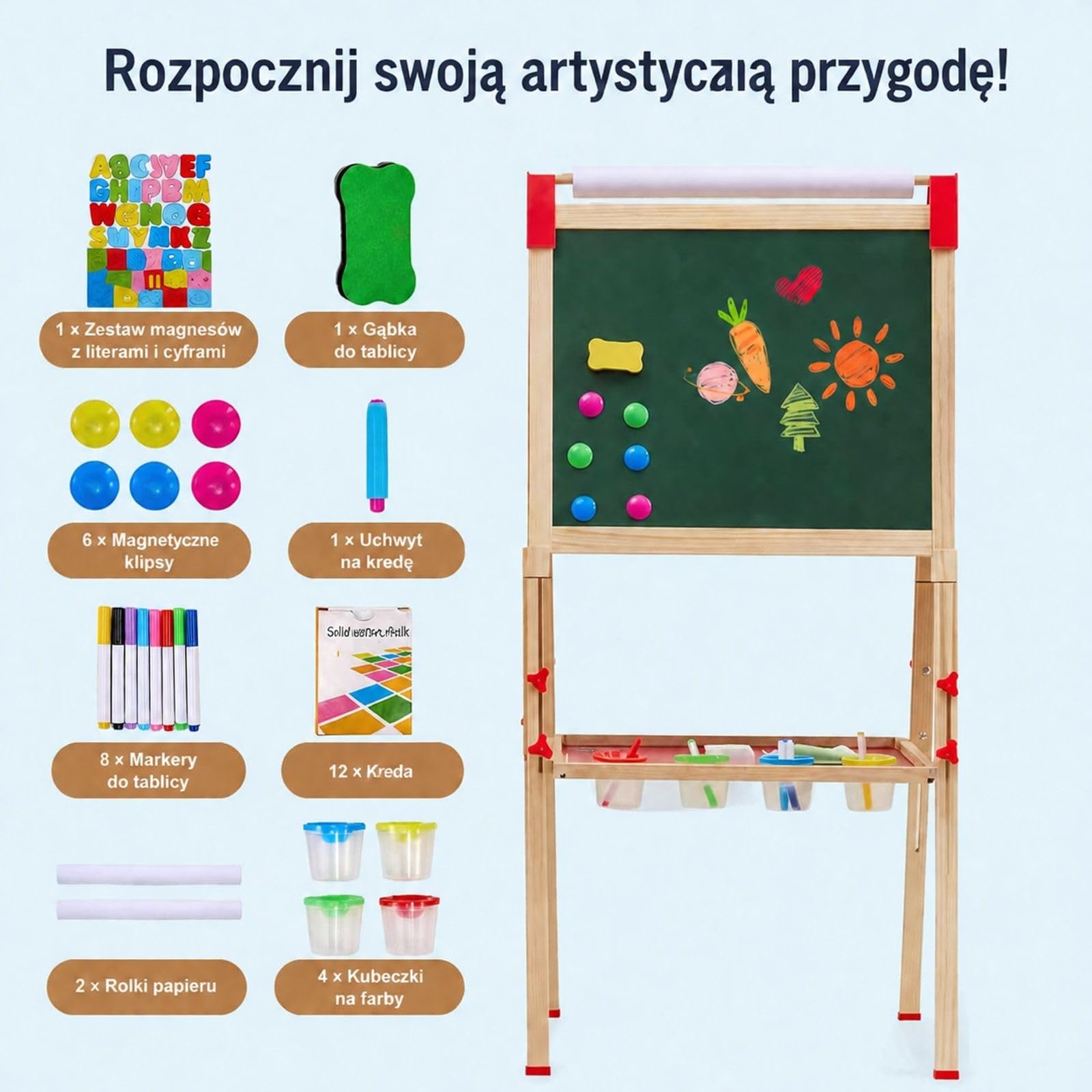 Sztaluga artystyczna 3 w 1 z magnetyczną tablicą suchościeralną, kredowym panelem i rolką papieru, dwustronna, regulowana, stojąca, sosna oraz plastik, naturalny kolor