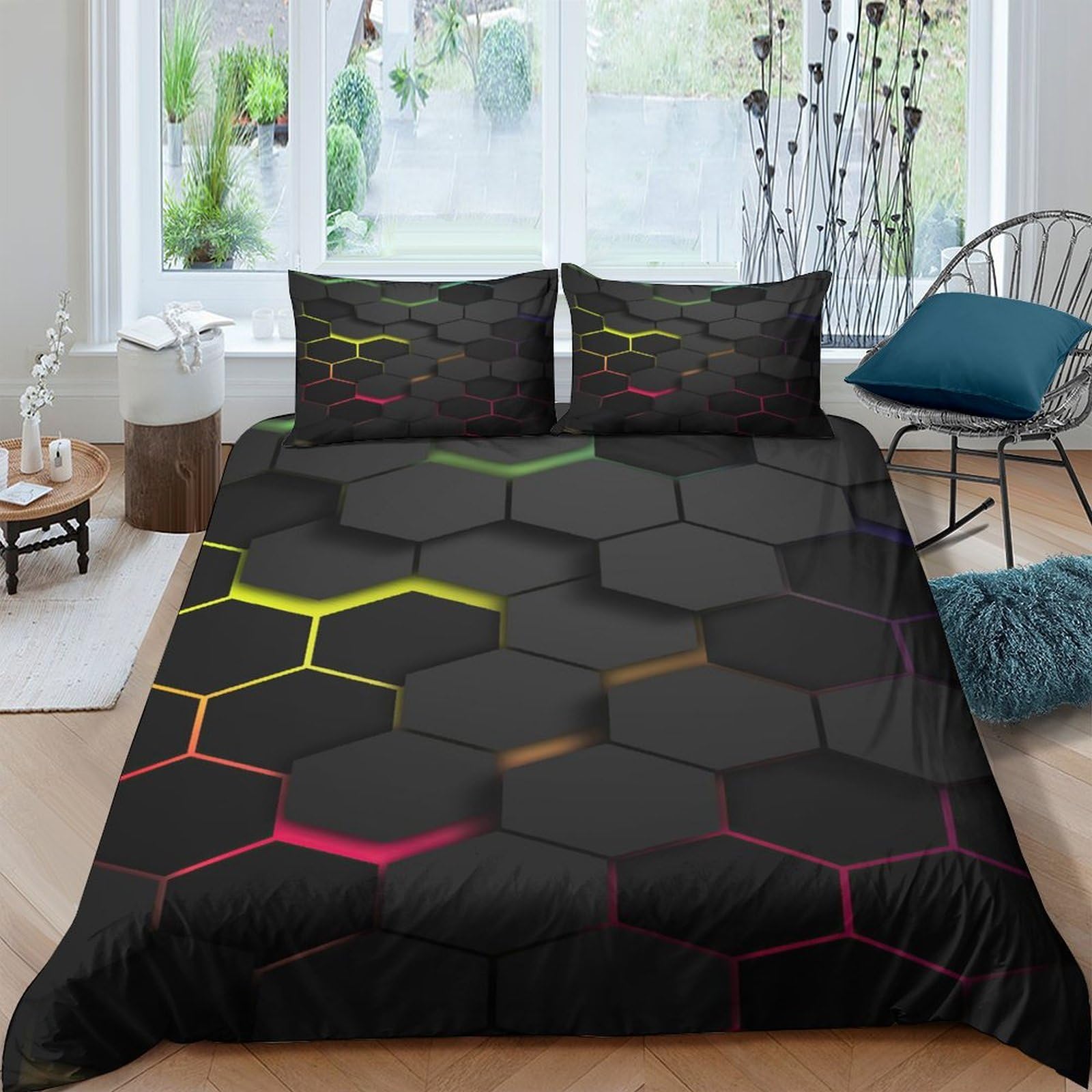 Ctjqhvkz Style-2 3D Printed Geometric Hexagon Fitted Sheet Microfiber Soft Black Neon Pattern Mattress Cover For Bedroom Living Dorm Use Single（135X200cm）