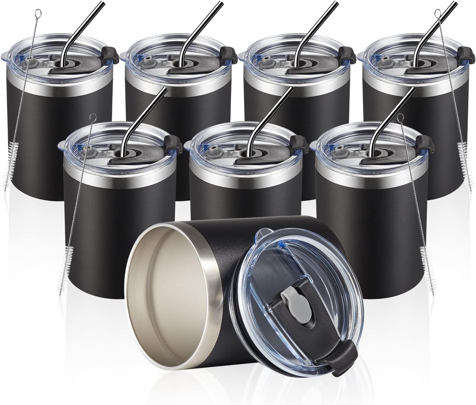 MEWAY 12oz/8Pack Coffee Mug With Lid, Insulated Stainless Steel Reusable Coffee Cup, Double Wall Durable Coffee Mug, Powder Coate，For Coffee, Beer, Home, Office(Black,8 Pack)