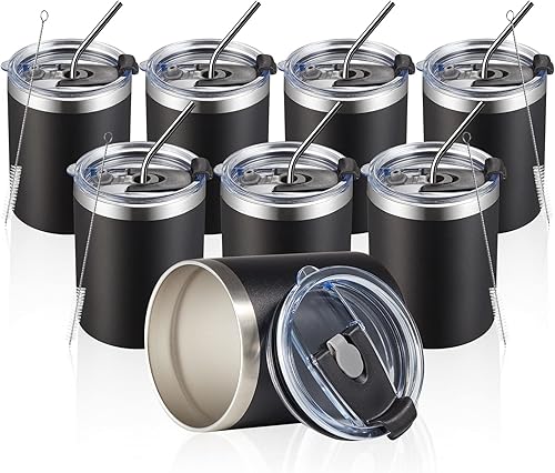 Miniatura 15 de MEWAY Vaso de acero inoxidable de 12 onzas con aislamiento al vacío de doble pared con popote y tapa, cepillo de limpieza, taza de café aislada