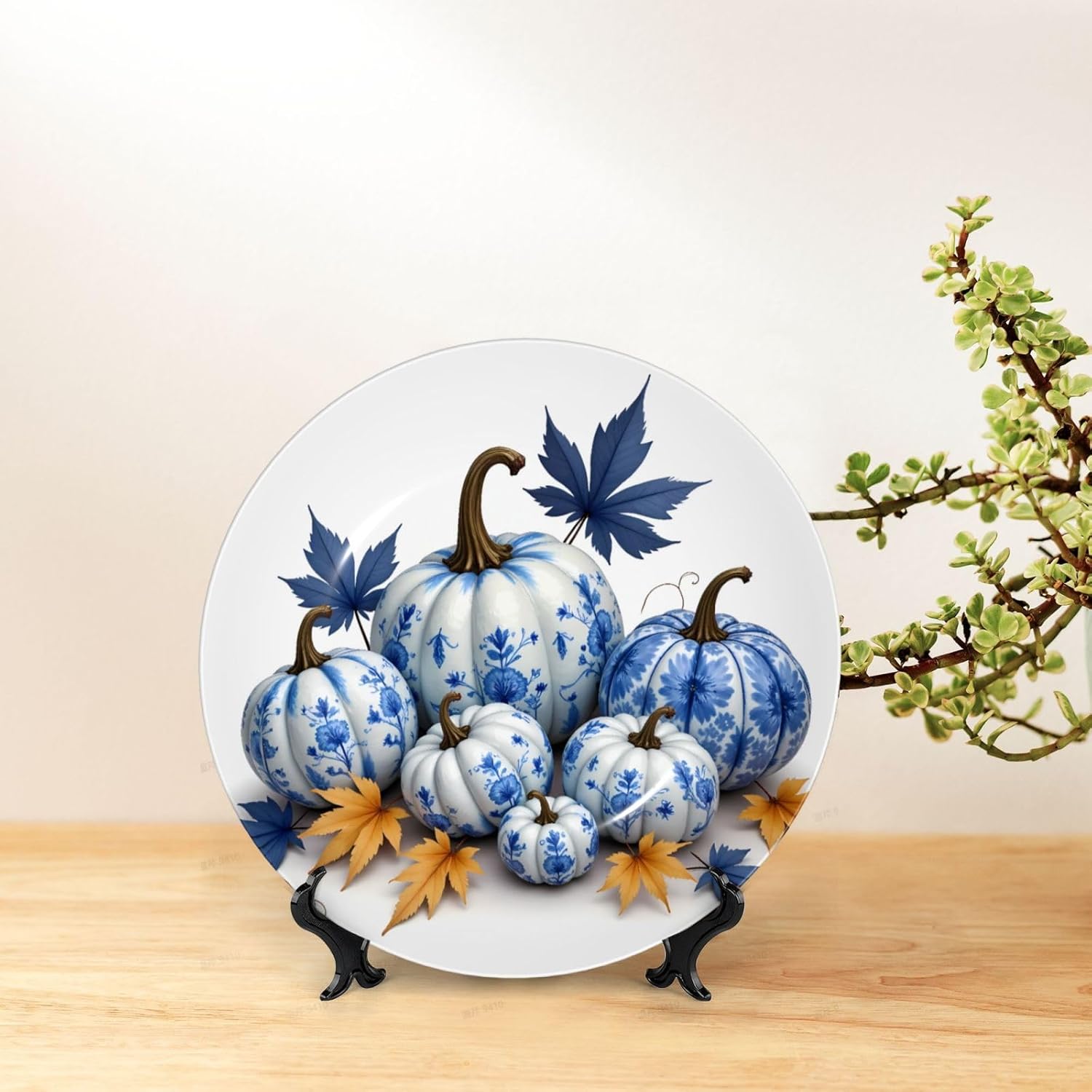 Blue And White Pumpkin Style Ceramic Plate Display Decorative Plate With Stand Wall Hanging Plate For Home Decor 10 Inch