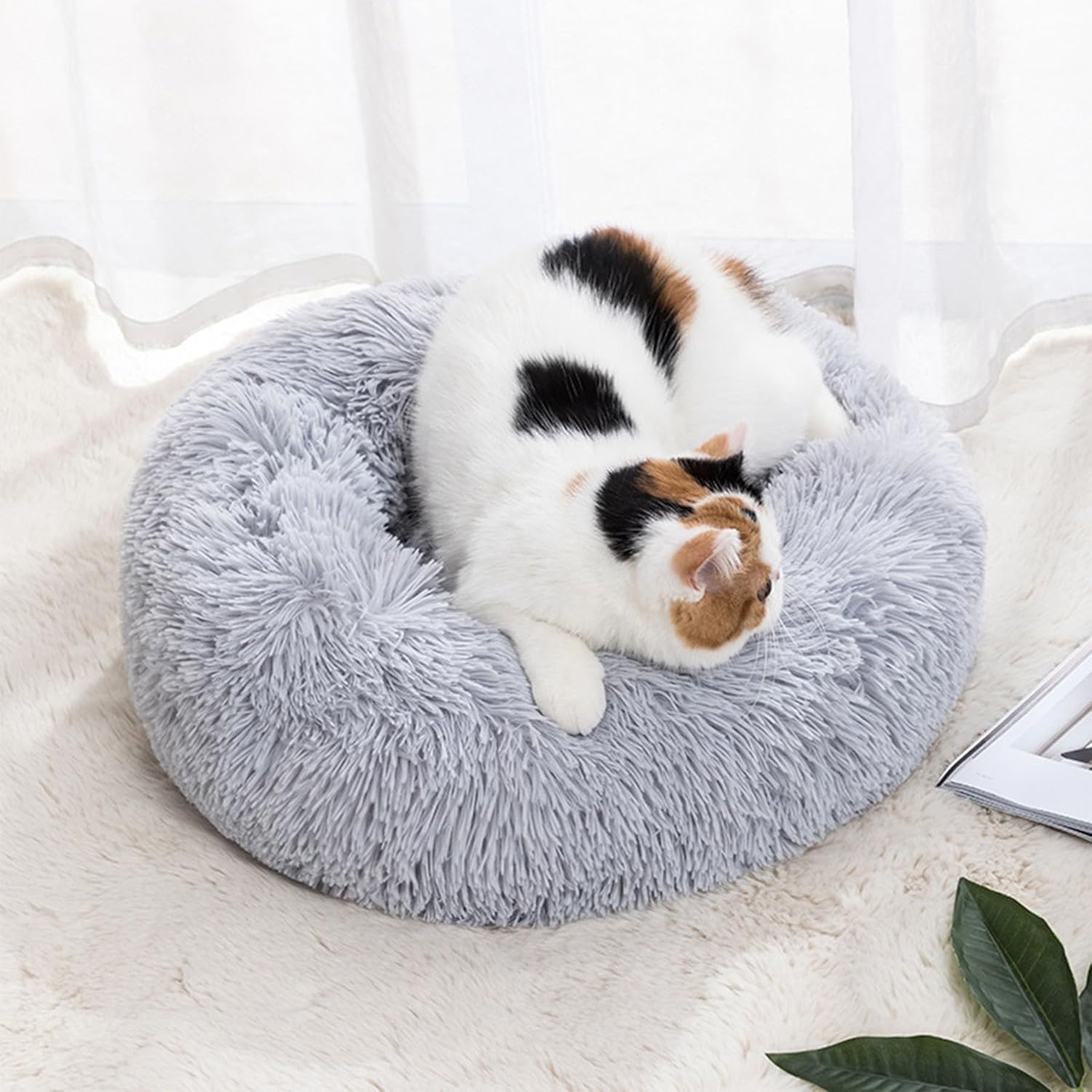review Cat Beds for Indoor Cats, 24 inches Pet Bed Anti Anxiety Round Fluffy Dog Bed Anti-Slip Calming Soft Plush Donut Cat Bed Puppy Cat Beds for Small Medium Large Pets (Grey)