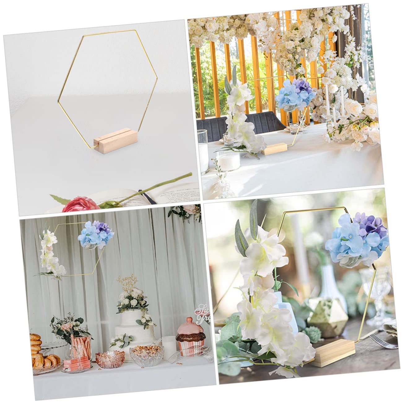 Sechseckige Metallkränze mit Holzsockel für Hochzeit | Gold, Selbstgemacht Bastelbedarf für Zuhause, 10 Stück im Paket, Passend für Dekorative Arrangements