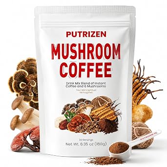 PUTRIZEN HerbalWell Mushroom Coffee Blend 2500mg 6 Functional Mushrooms in 1- Instant Mushroom Coffee Powder Low-Caffeine Coffee Alternative for Focus Digestion & Morning Energy 30 Servings