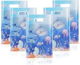 Mikzhskr 30Pcs under the Sea Party Favors Bags with Handle Blue Ocean Animals Themed Goodie Candy Snack Bag Plastic Waterproof Whale Shark Gift Pack for Kids Birthday Decoration Supplies, 9.8 x 6.5 in