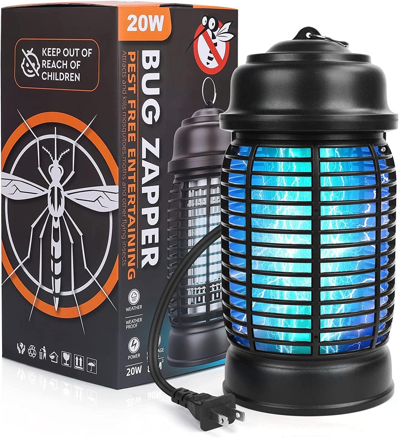 FUINBug Zapper Indoor Outdoor, Electric Mosquito Zapper, UV Light Fly Traps For Indoors, Waterproof Pest Control Insect Fly Trap Equipped 60inch USB Cable for Home, Patio, Backyard, Camping(20W）
