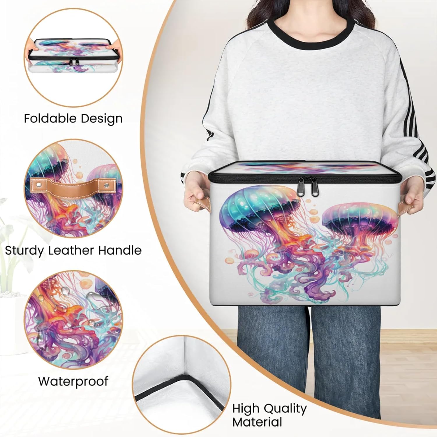 Storage Bin Set of 2 Colorful Jellyfish Storage Basket with Zipper Lid & Handle Foldable Closet Shelf 2 Pack Cloth Organizer Basket Cube Bins Clothes Organizer for Nursery, Bedroom