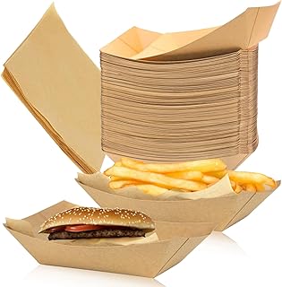 Paper Food Trays 2lb Paper Food Boats 100 Pack Disposable Kraft Hot Dog Tray with 100 Pack with Deli Liner Sheets, Grease-Proof Sturdy Food Trays Disposable Serving Tray for French Snack Wedding Party