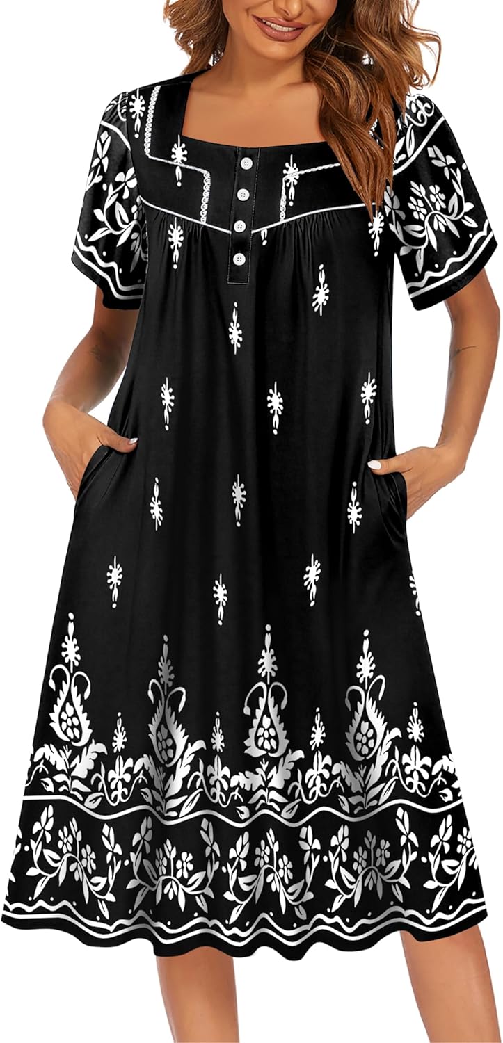 Ekouaer Women's House Dress with Pockets Moomoo Dresses Short Sleeve Mumu Nightgown Lounge Dress Button Down Sleepwear