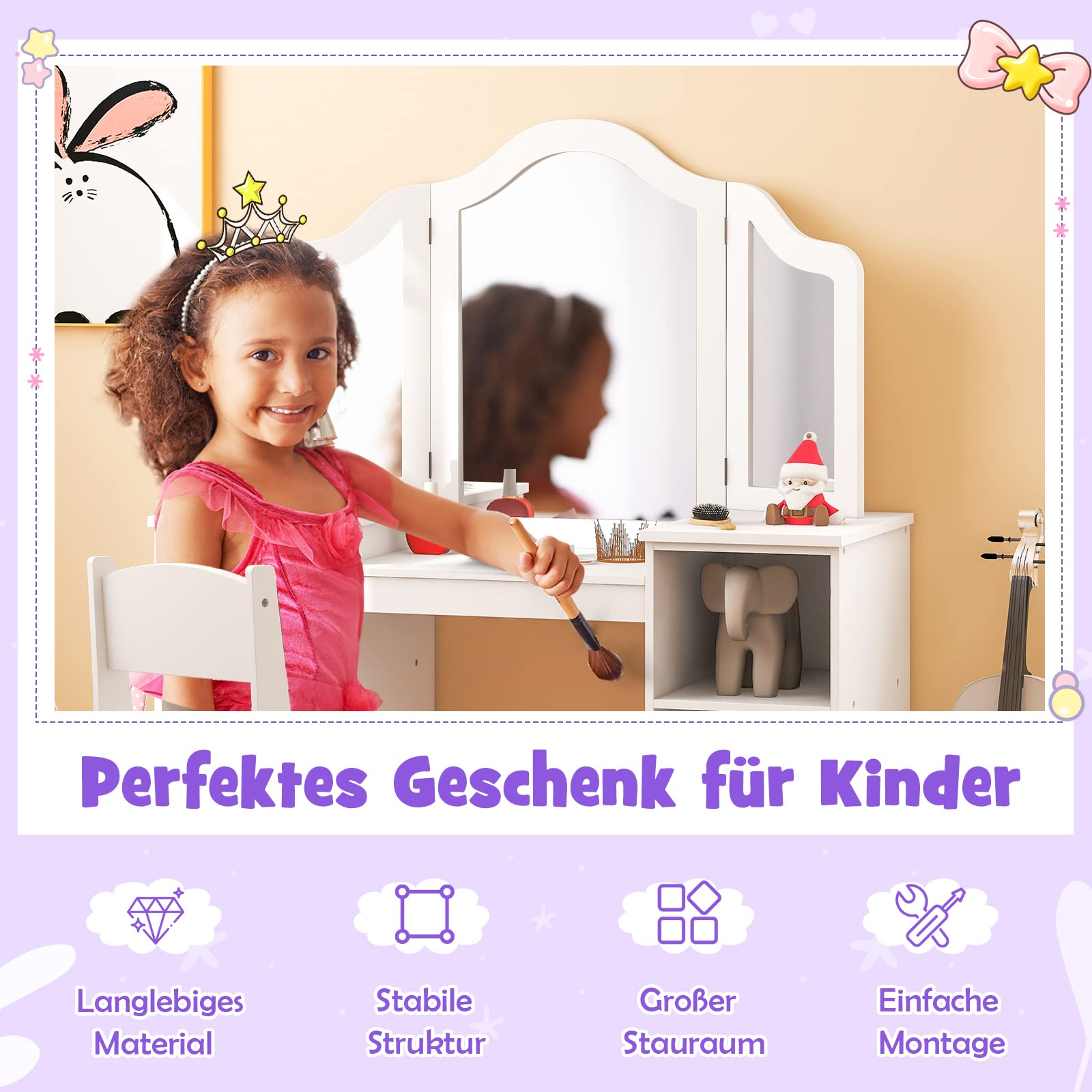 DREAMADE 2 in 1 Kinder Schminktisch mit Hocker und abnehmbarem Spiegel, Prinzessin Frisiertisch mit 4 offenen Ablageflächen, Kinderschminktisch für Kinder Mädchen (Weiß-mit Hocker ohne Box)