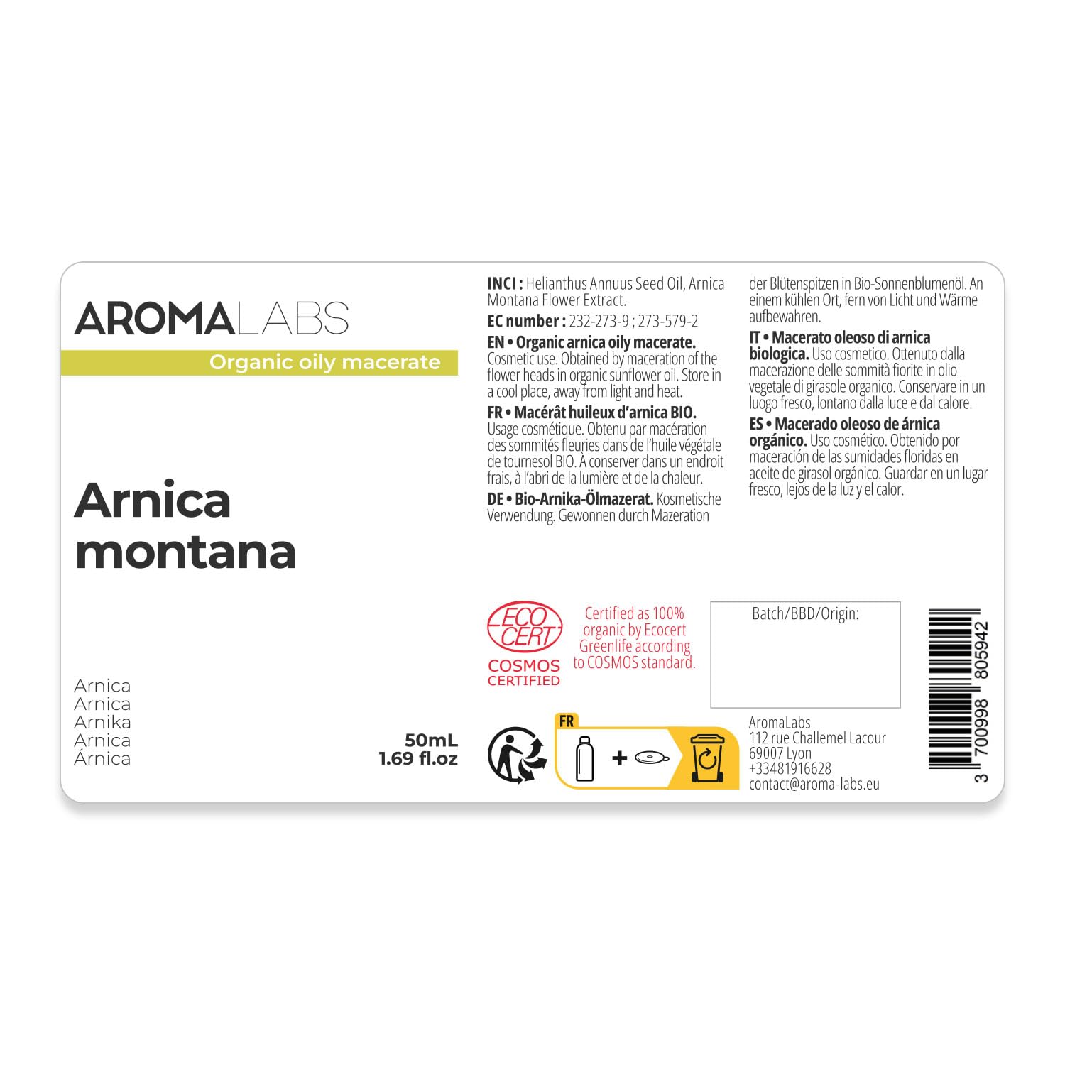 Aceite de Árnica BIO (Arnica montana) - 50 mL - Macerado Oleoso Certificado Cosmos - Aroma Labs