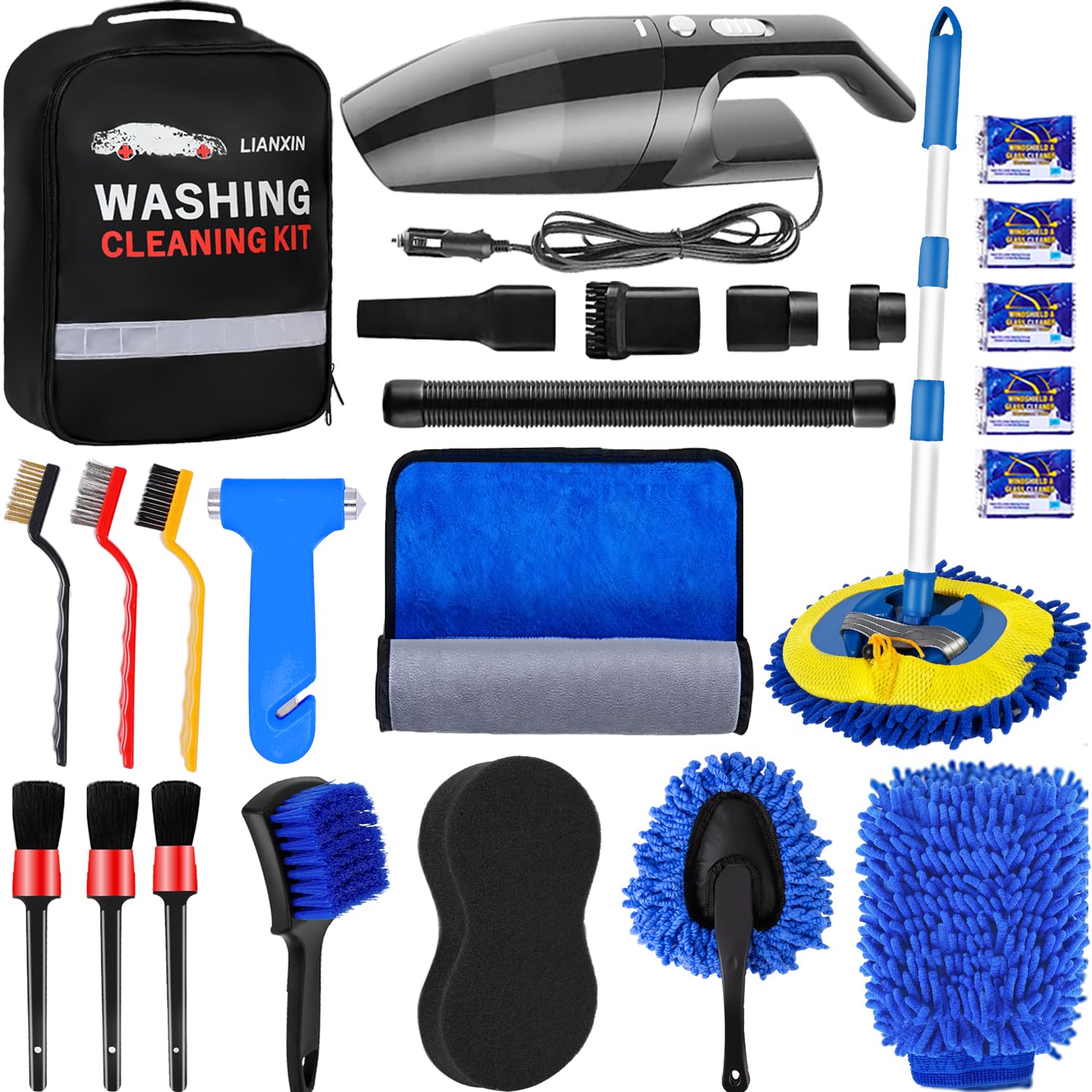 LIANXIN Kit de limpieza de coche y aspiradora de coche – Herramientas de limpieza de coche con toallas de paño de microfibra suave, guante de lavado de coche, cepillo de neumáticos, hoja de agua de