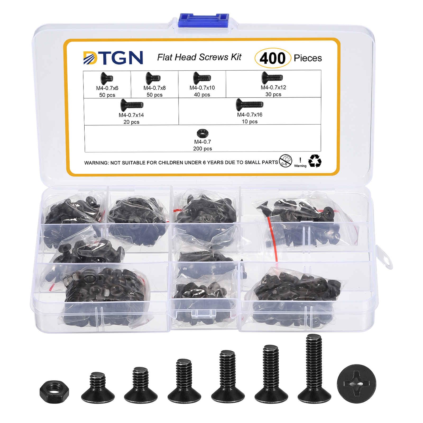 DTGN M4-0.7 Flat Head Nuts and Bolts Assortment Kit - 400pcs - Good for Furniture and Machinery - Carbon Steel Phillips Countersunk Machine Screws Set - Black — image 1