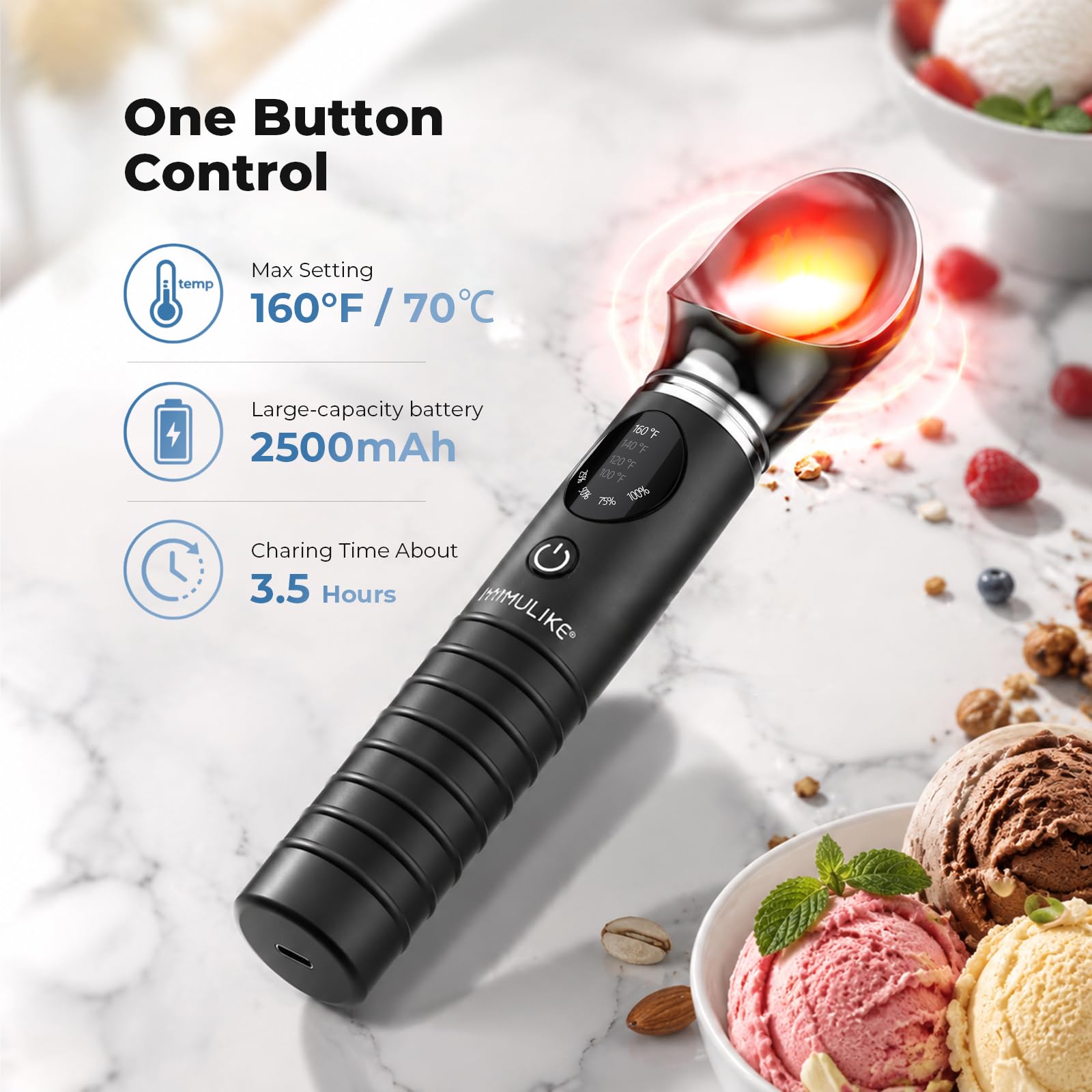MYMULIKE Cuillère à glace chauffante en acier inoxydable, 4 températures (40-70 °C), cuillère à glace réglable, cuillère à glace rechargeable à chauffage rapide 30 secondes, arrêt automatique en 3