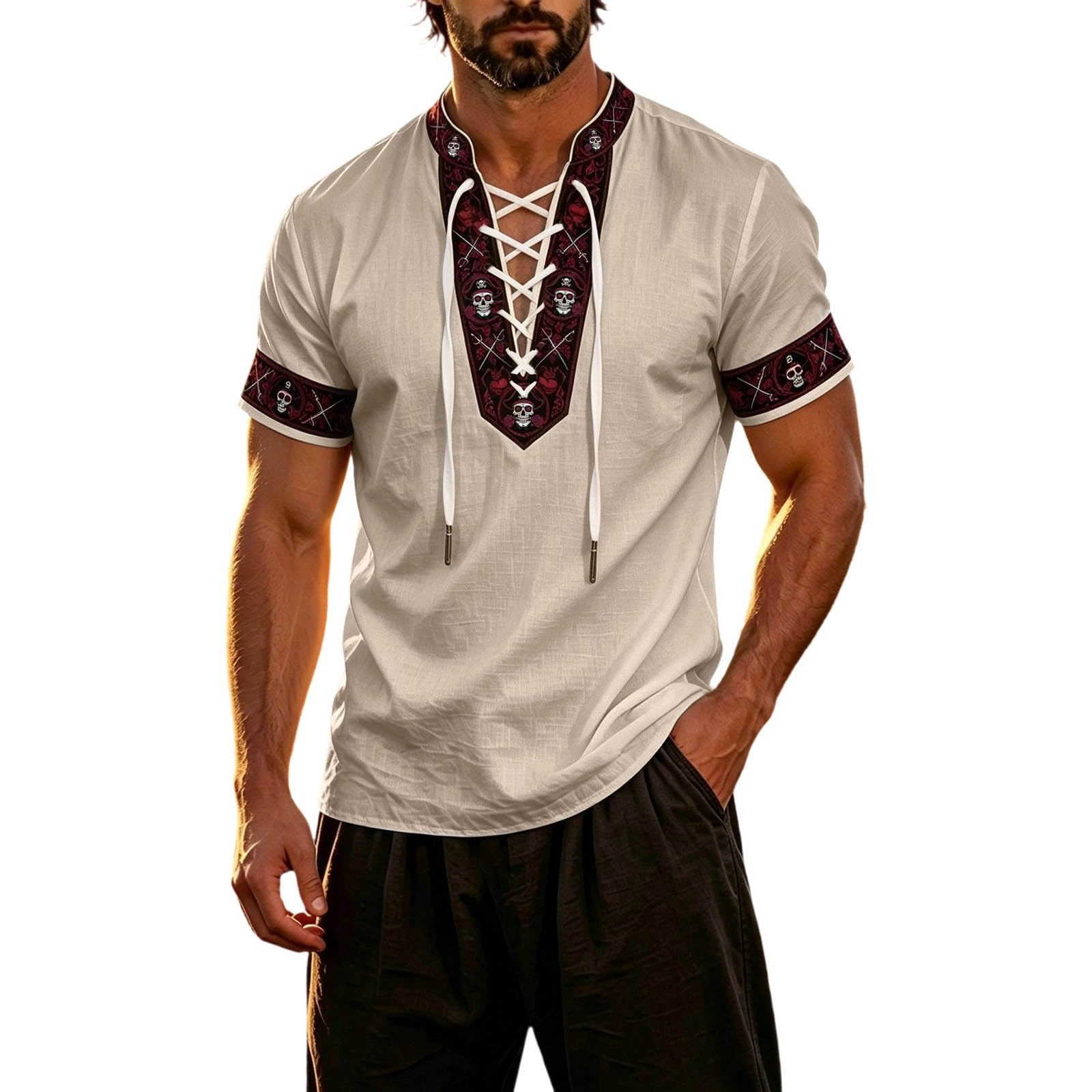 Summer Shirts for Men Short Sleeve Medieval Pirate Scottish Ghillie Shirt — image 1