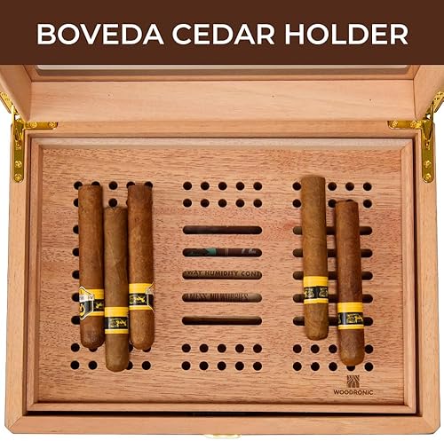 Vista 4 de Woodronic Humidor de puros mejorado para 80 unidades con paquetes Boveda 72% de humedad, cajón de accesorios, higrómetro digital, bandeja y divisor