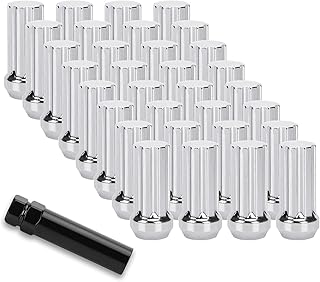 M14x1.5 Wheel Lug Nuts, 32pcs Chrome 14mmx1.5 Spline Closed End Lug Nut 2 Inch Tall with 1 Socket Key for Chevy GMC F250 F350 8 Lug Aftermarket Wheels