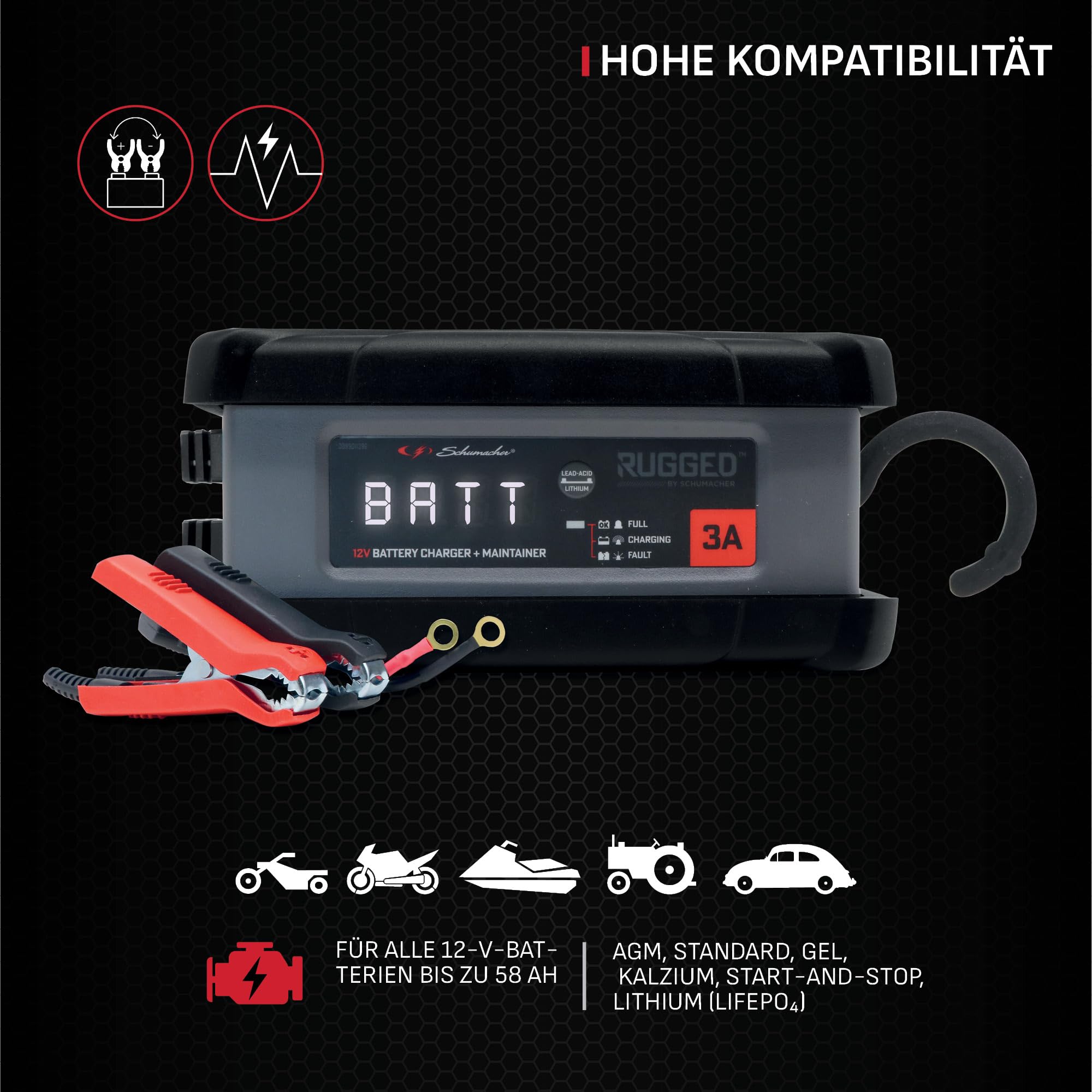 Schumacher Rugged SPX 458 Automatisches und intelligentes Lade- und Erhaltungsgerät 12V, 3A - für Motorrad, Auto, Boot, Jetski, Quad, Rasenmäher, Minitraktor - Schutzart IP54 (Staub und Feuchtigkeit)