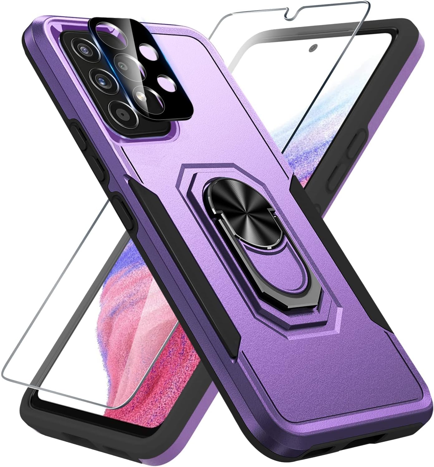 Janmitta Compatible with Samsung Galaxy A53 5G Case,with 1 Pack Screen Protector+1 Pack Camera Lens Protector,Shockproof Full Body Phone Cover,Built in Finger Ring Holder Kickstand,2022 Purple
