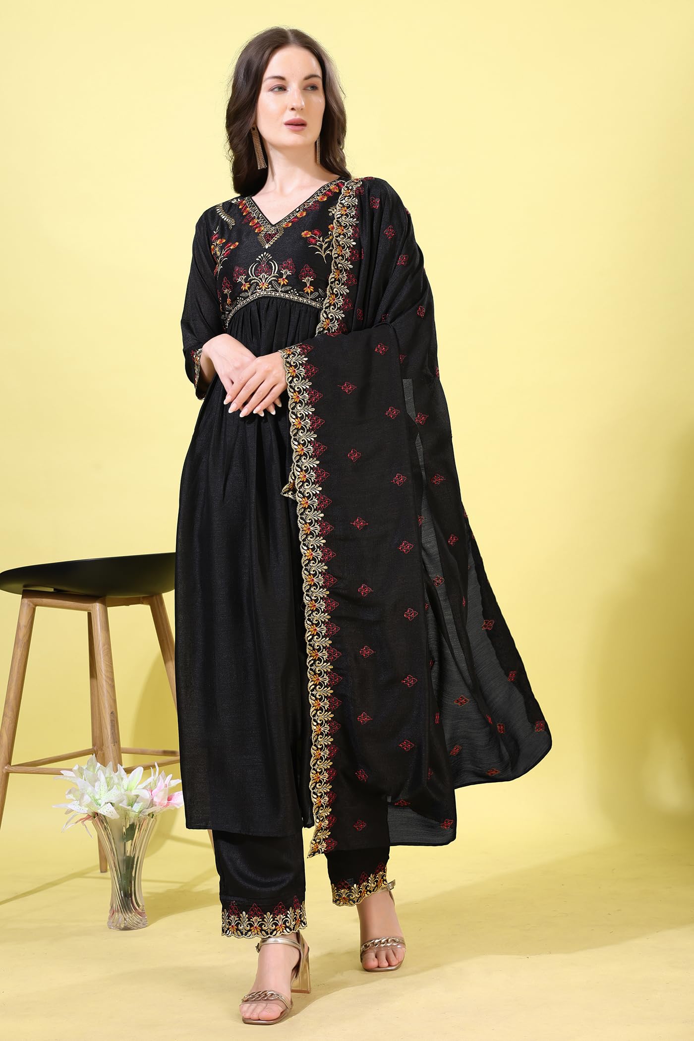 Pratham Blue Women's Silk Embroidered Regular Kurta Set (Bkp-1029-Xxl_Black