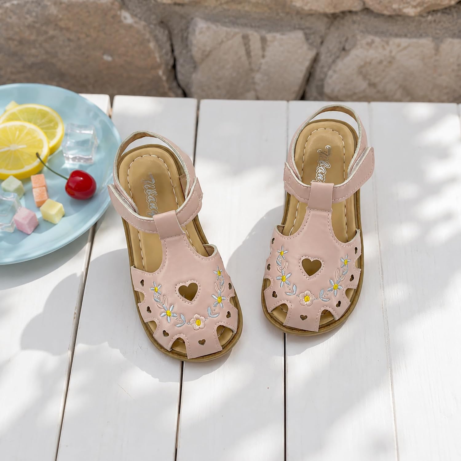 Toddler Girls Sandals Summer Breathable Closed Toe Kids Shoes Lightweight Non Slip Soft Sole Cute Floral Heart Cutout Casual Walking Shoes for Little Kids Outdoor Daily Wear