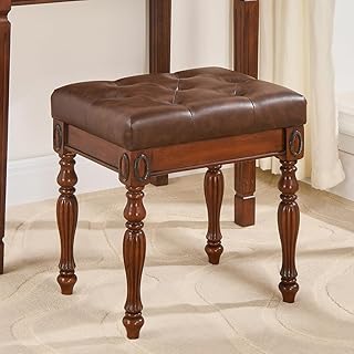 Solid Wood Vanity Bench Stool with Upholstered, Mid-Century Piano Bench with Carved Legs, Makeup Dressing Stools with Button Seat, No-Tools Assembly,18.5" L x 14.2”W x 19.1" H Brown FD-1533-BN