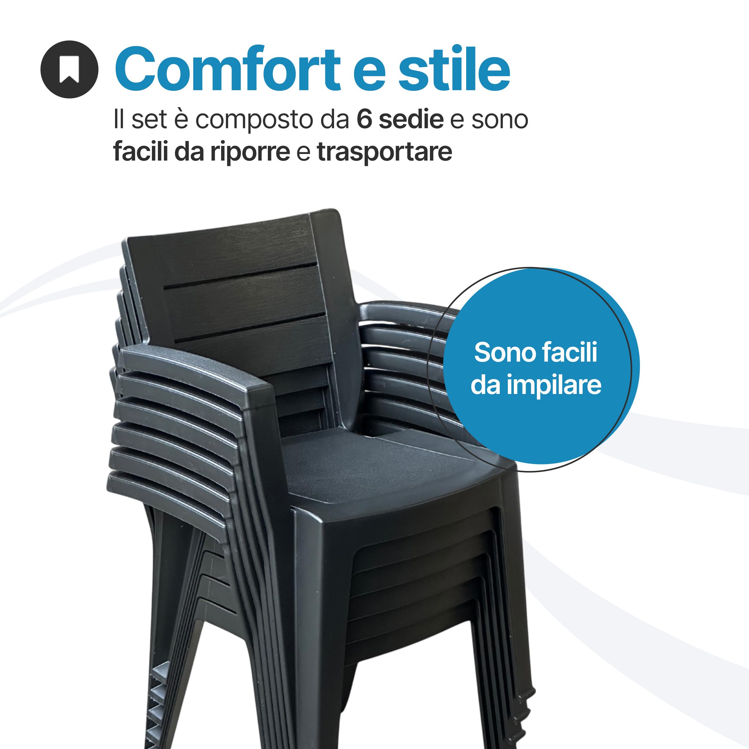 Tomaino - Set 6 Sedie Da Giardino In Plastica Maya - Sedie Plastica Impilabili Con Braccioli e Schienale a Doghe - Sedia Giardino Per Esterno, Terrazzo o Bar - Nero