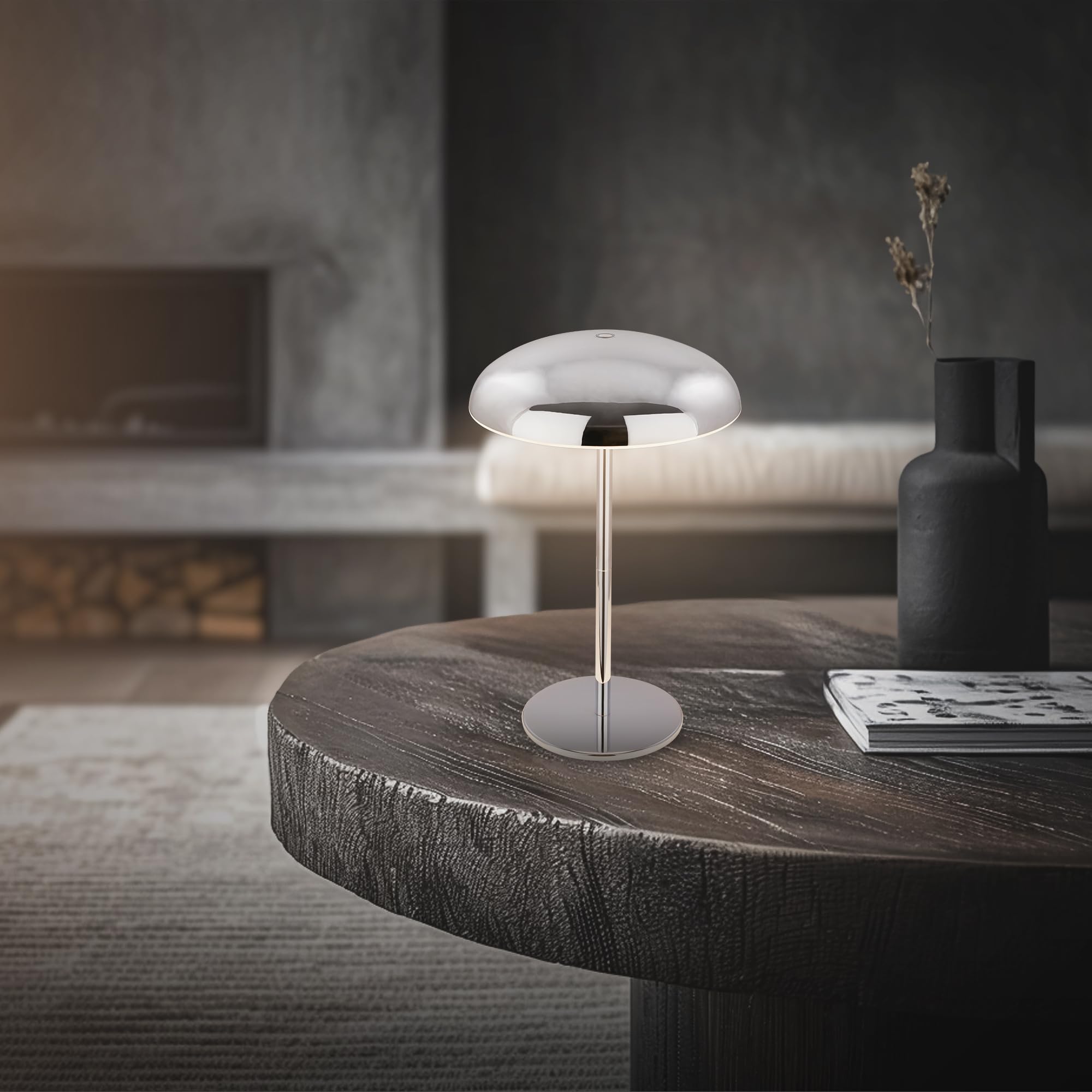 BRILONER - Lampara de mesa sin cable LED IP44 con borde luminoso, regulador táctil, batería intercambiable, lampara mesita noche sin cable, lampara mesa recargable, 19,5x30,5 cm, cromo