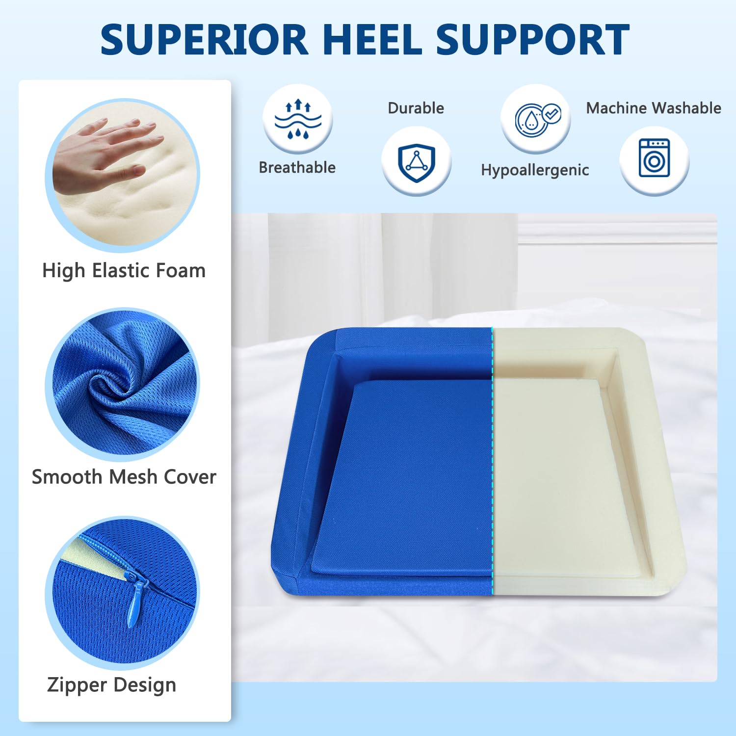 KAAMOS Protectores de talón para úlceras por presión, cojines flotantes para aliviar el dolor de talón, almohada para úlceras de talón, pacientes postrados en cama, apoyo de posicionamiento (azul)