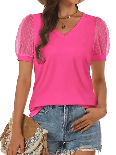ATHMILE Womens Summer Tops V Neck T Shirts Swiss Dot