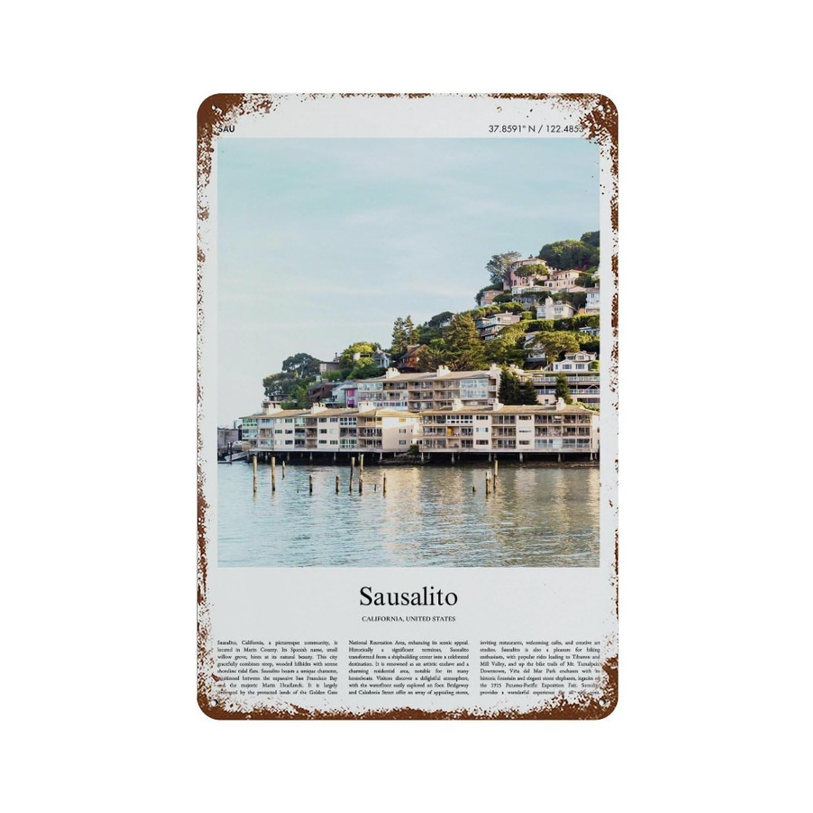 xiaoxiaoshen Sausalito California, United States, USA City Scenery Wall Decor Art Metal Tin Poster Modern Home Decor Art Home Bar Shop Decorations Vintage Sign 30x20cm