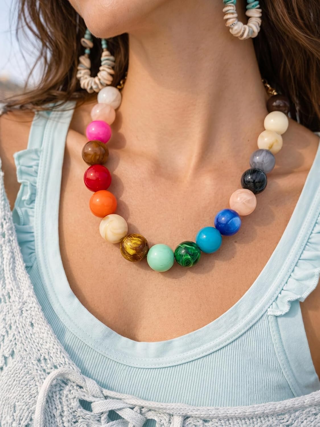 Colorful Chunky Necklaces for Women Trendy Large Resin Beaded Necklace Bold Statement Chunky Choker Necklace Boho Beads Collar Summer Beach Jewelry
