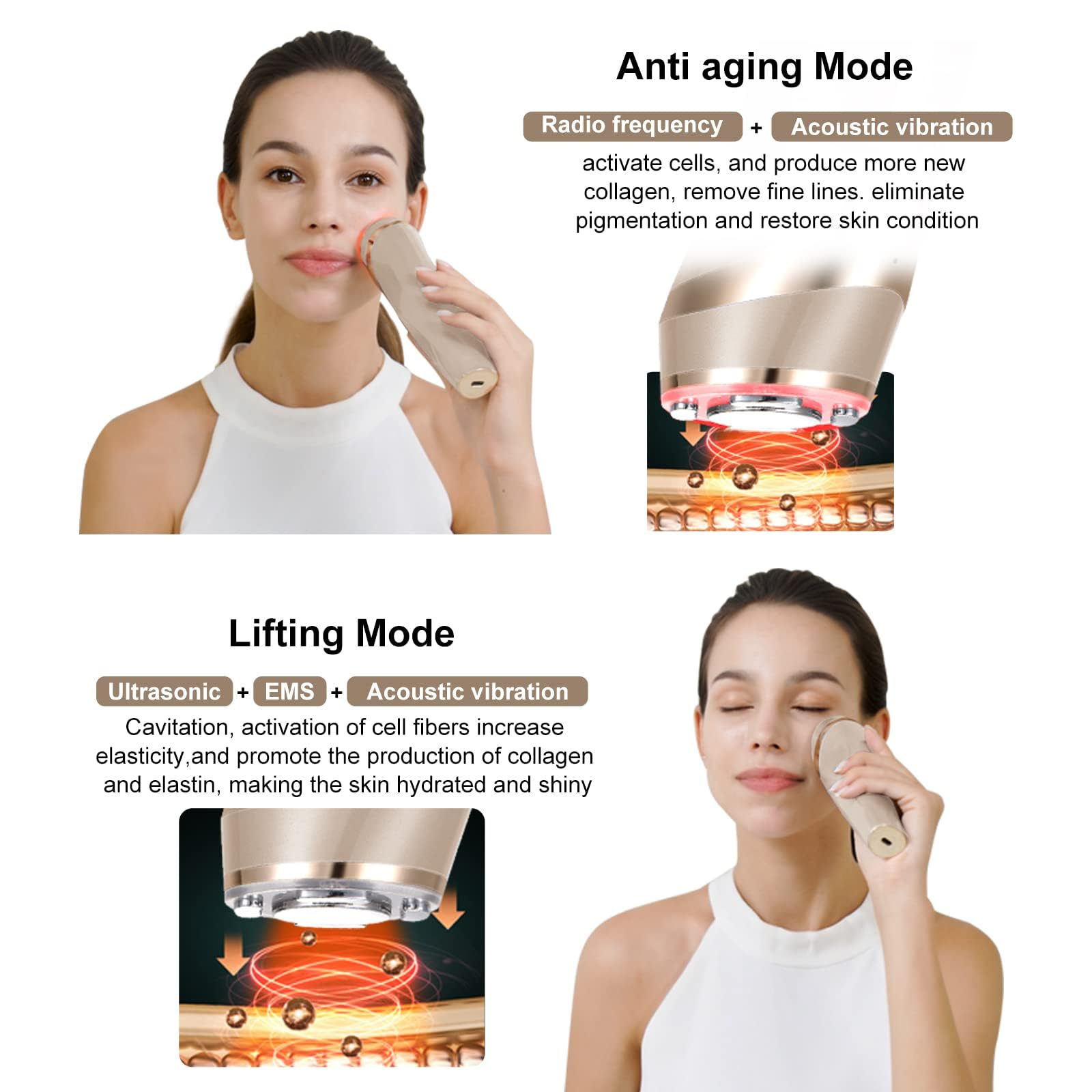 Radiofrequenz und Ultraschallgerät für das Gesicht,5 in 1 Gesichtsmassagegerät Faltenentferner RF EMS Lichttherapie,für Lifting Gesichtsmassage Anti Falten Anti-aging,USB Wiederaufladbar