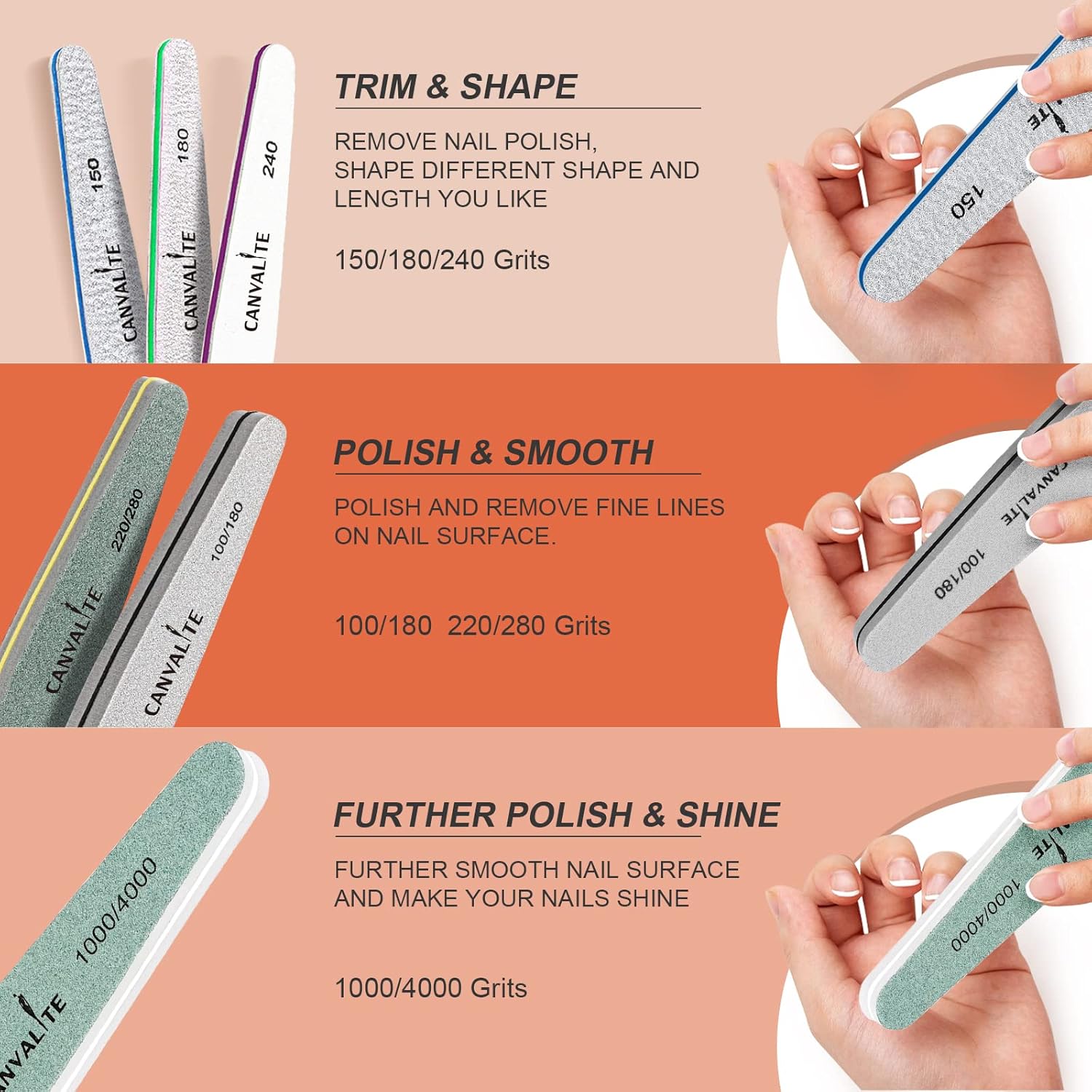 Nail Files Canvalite Nail File and Buffer Professional Emery Boards Washable Double Sided Reusable Manicure File for Home and Salon Use 6 PCS : Beauty & Personal Care