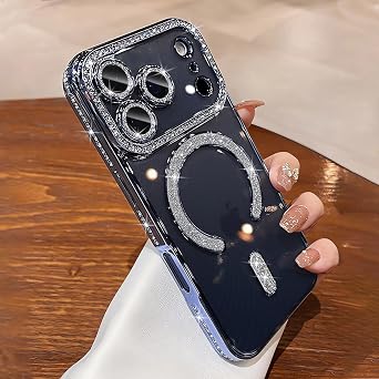 Magnetic Clear Glitter Case for iPhone 17 Pro Max Compatible with MagSafe Diamond Camera Lens Covers Women Cute Clear Glitter Diamond Rhinestone Sparkly Case for iPhone 17 Pro Max,Blue