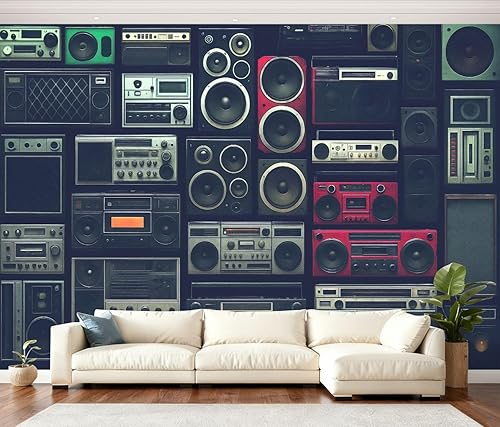 Wall Mural Peel and Stick Vintage Wall Radio Boombox 80s Wallpaper Self Adhesive Removable Large Wall Stickers Home Decor for Living Room Bedroom