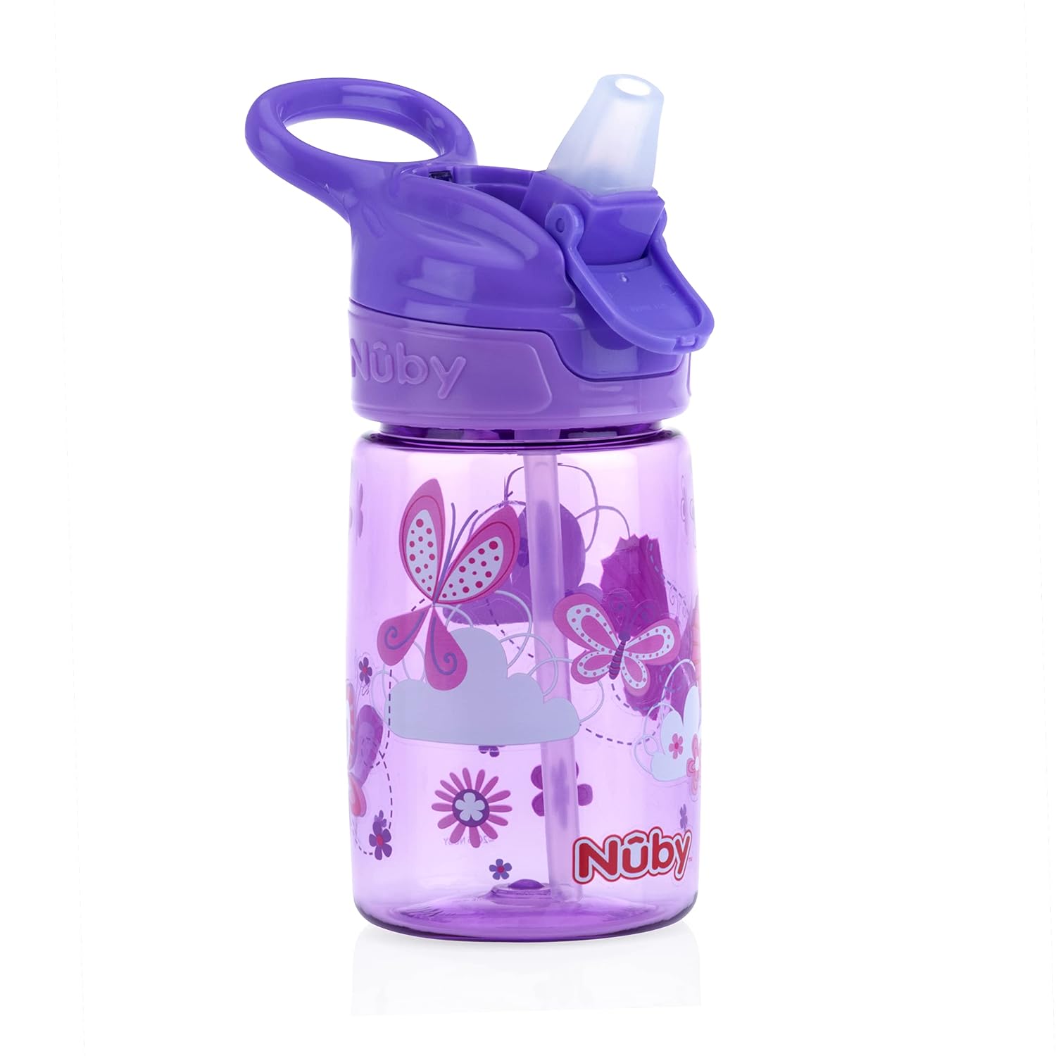 Nuby Kid’s Flip-it Reflex Push Button On-The-Go Printed Water Bottle with Soft Spout - 12oz / 360ml, 18+ Months, 1pk - you will receive one of the following colors, Aqua, Blue, Pink or Purple