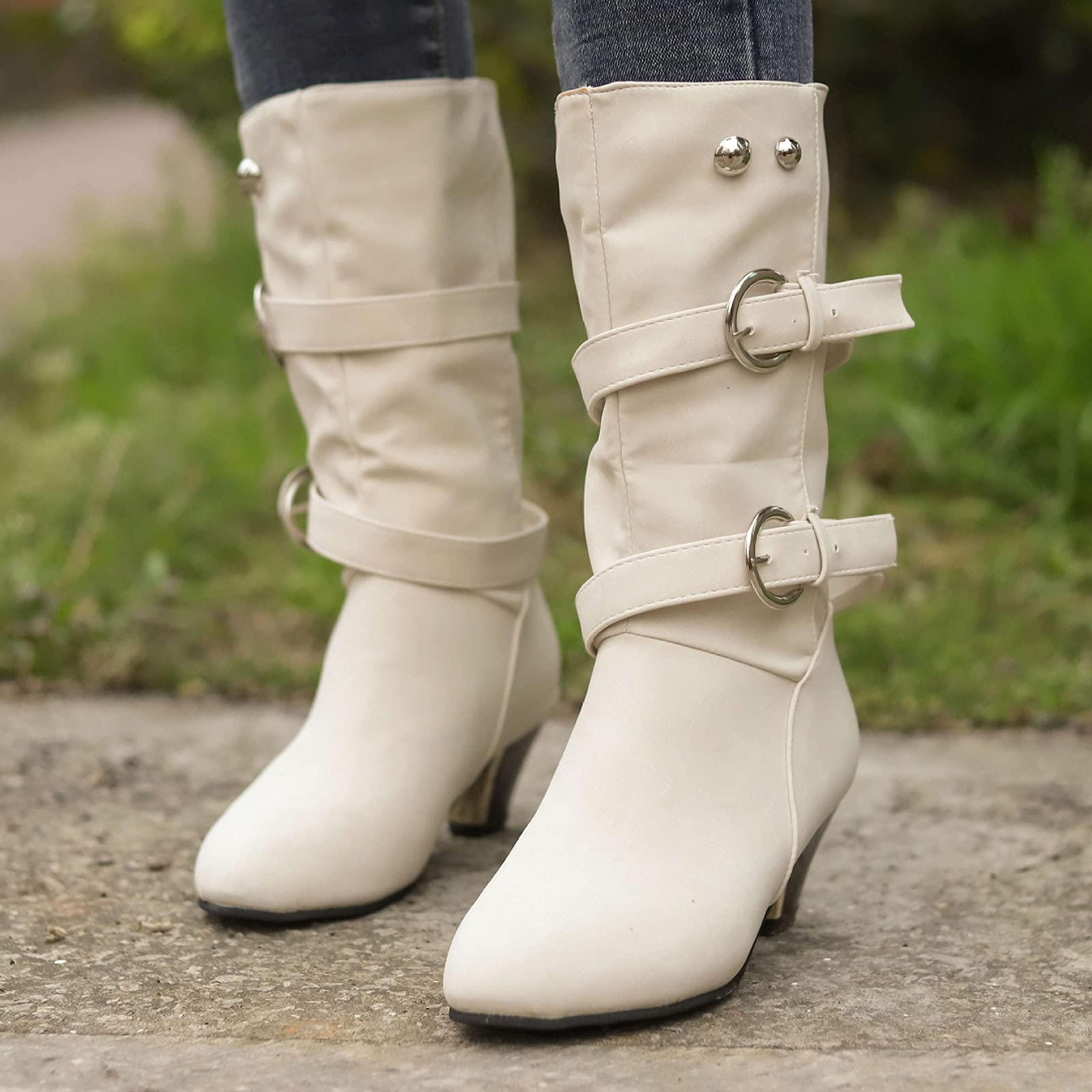 FGUUTYM Stivali da donna invernali da donna, stivaletti corti, semi-lunghi, antiscivolo, termici invernali con tacco in pelle, da donna, beige., 37 EU
