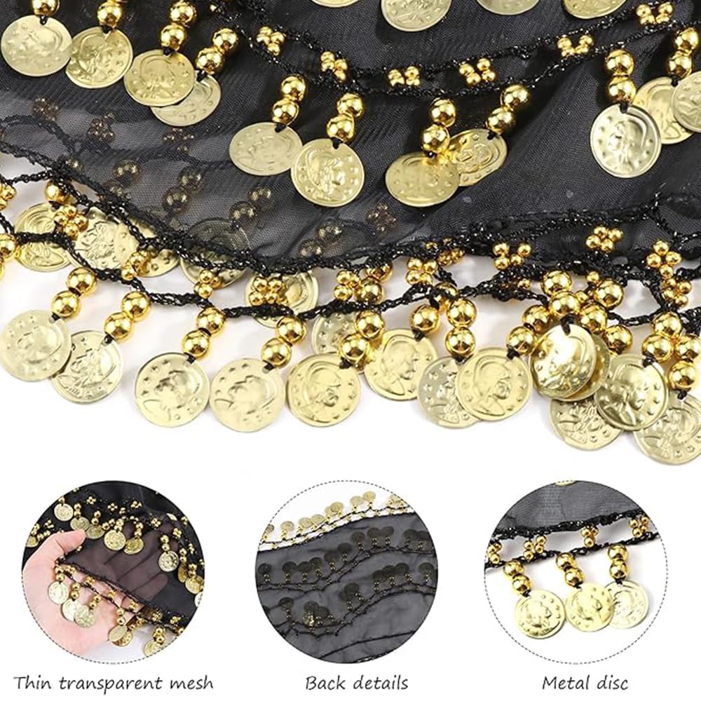 7 Pièces Ensemble d'Accessoires de Danse du Ventre pour Danse du Ventre, Écharpe, Boucles d'Oreilles Or, Collier, Bracelets et Coiffe, Spectacle Scène