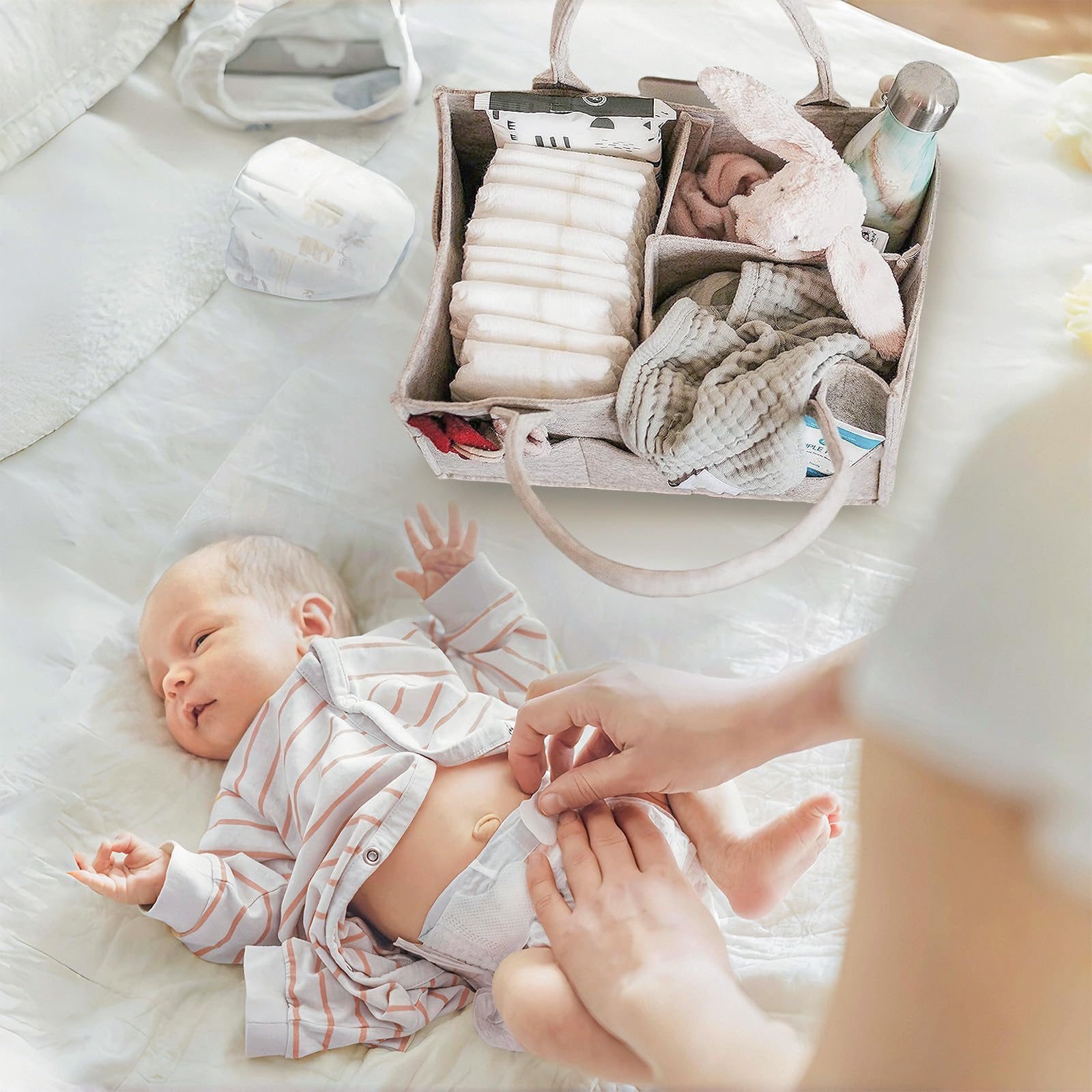 Baby Essentials for Newborn Nappy Caddy Organiser Baby Shower Gifts with Long Handles Detachable Compartments - Image 4