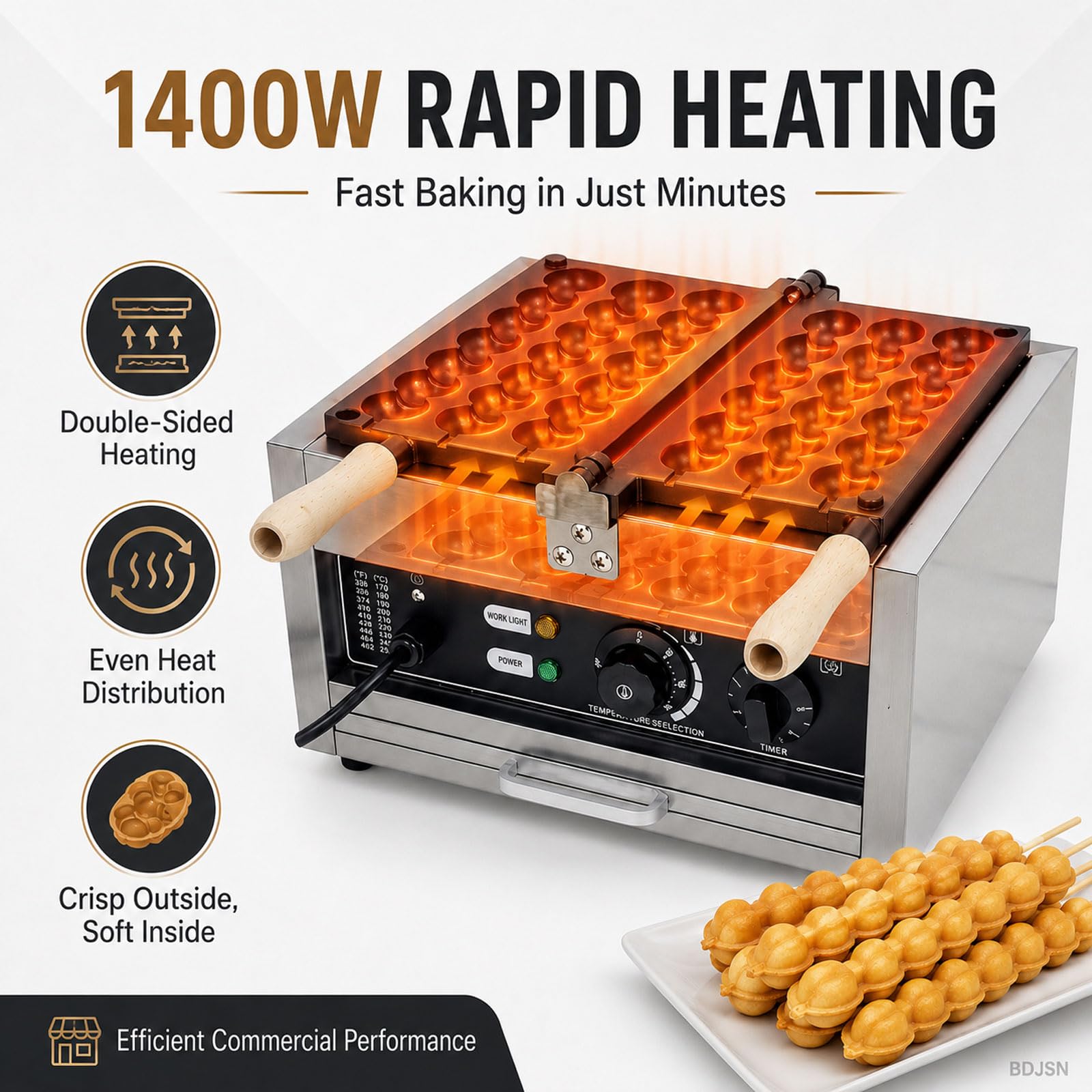 Macchina Professionale per Waffle A Spiedo, 1400w, Elettrica, con Design A Rotazione A 180°, Controllo della Temperatura da 50 A 300 °c, Timer da 0 A 5 Minuti, Piastre Antiaderenti per Bar,