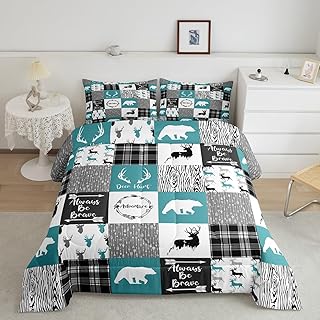 Bear ComforterÂ Set Full Farmhouse Decor,Deer Moose Jungle Wild Animal Western Bedding Set for Girls Boys,Teal Grid Buffalo Checkered Plaid Down Comforter,Tribal Hunting Arrow Cabin Barn Door Quilt