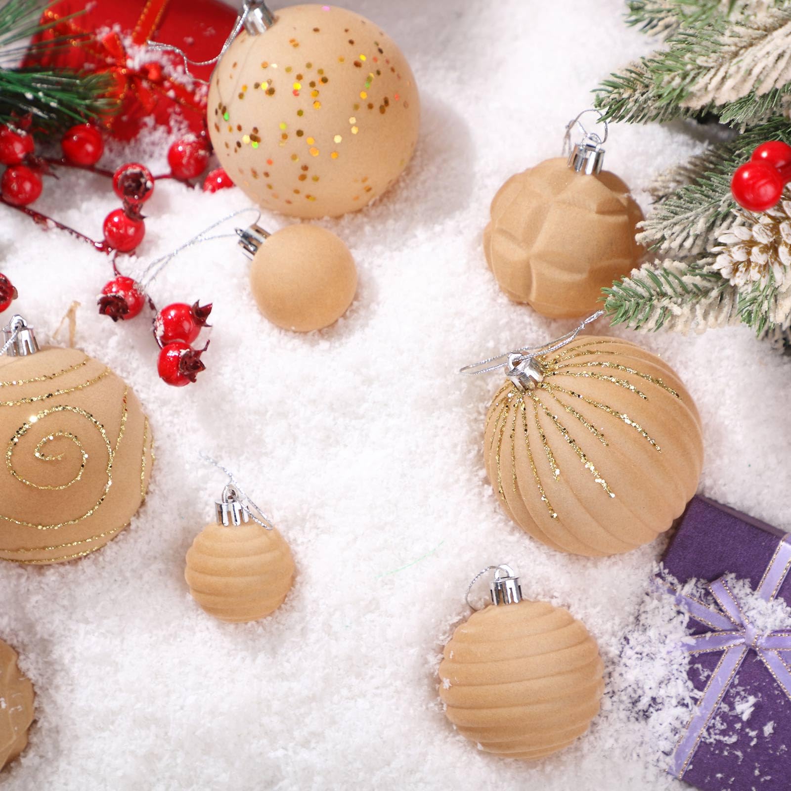 Lot De 28 Boules De Noël Floquées - Couleurs Bordeaux, Beige, Marron, Vert Foncé - Décorations Sapin Pour Maison Et Bureau