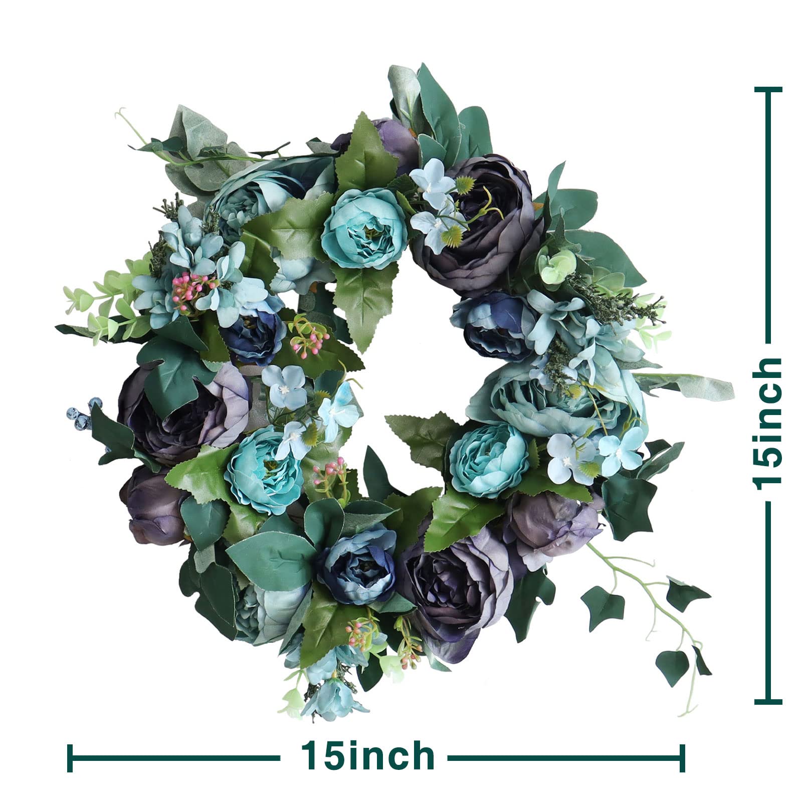 Jackcsale Artificial Peony Flower Wreath with Green Leaves - Spring Wreath for Front Door, Wedding, Wall, Home Decor - Blue