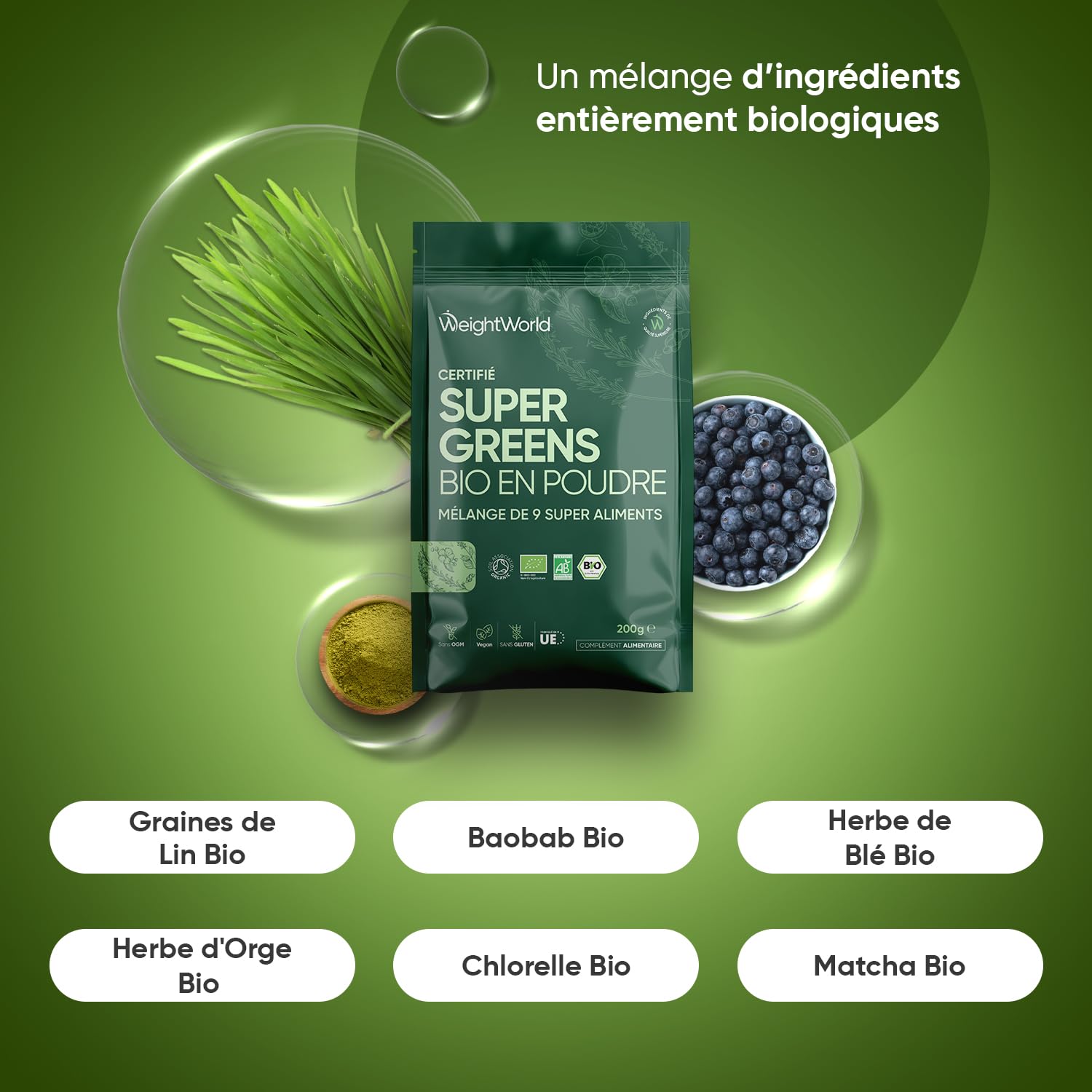 Super Green Poudre Bio 200g 40 Portions 9 Superfood Greens, Matcha Bio, Poudre de Maca, Guarana, Chlorella Bio, Baobab, Herbe de Blé, Acai, Orge, Graines de Lin Bio, Source de Vitamines & Minéraux