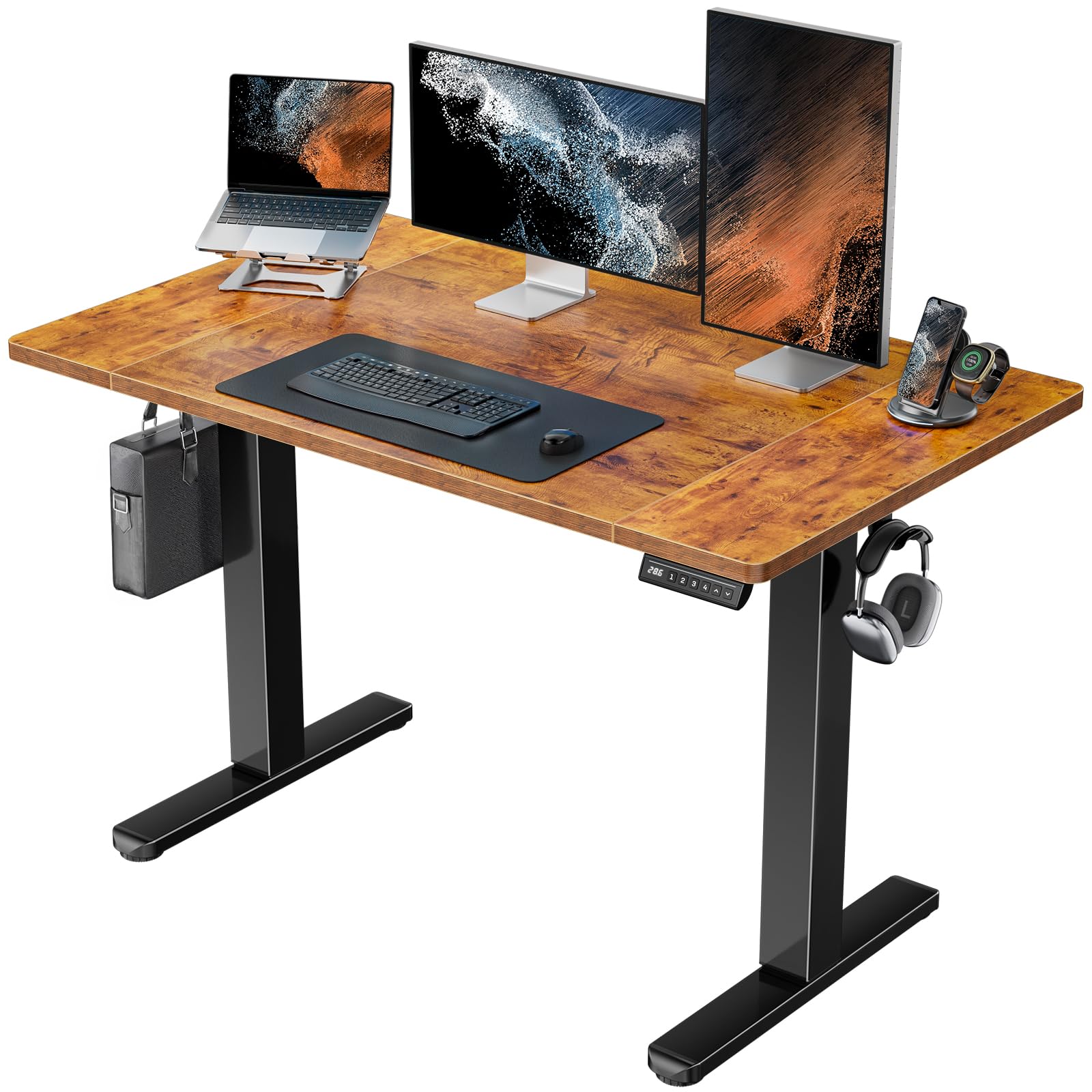 HUANUO 48 x 24 inch Electric Standing Desk, Height Adjustable Table with Headphone Hooks & Cable Manager, Sit to Stand up Desk for Home Office, Vintage Brown