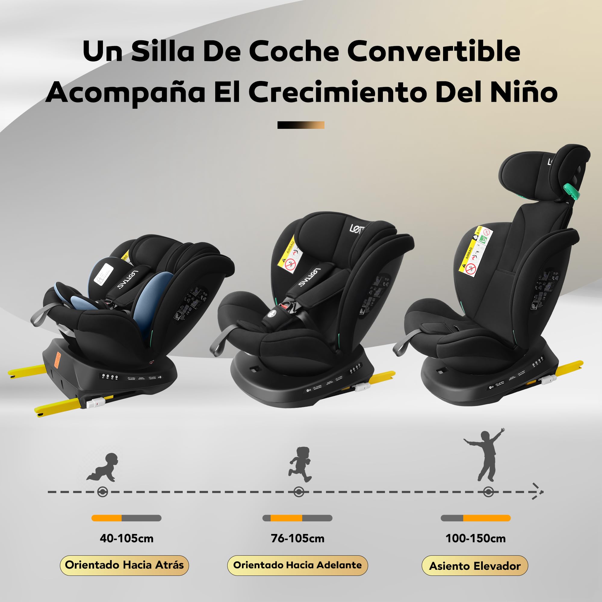 LETTAS 360 Giratoria i-Size Silla de Coche para Bebés y Niños, 40-150 cm (aprox. Nacimiento a 12 años) con Isofix, Reposacabezas Ajustable, ECE R129/04